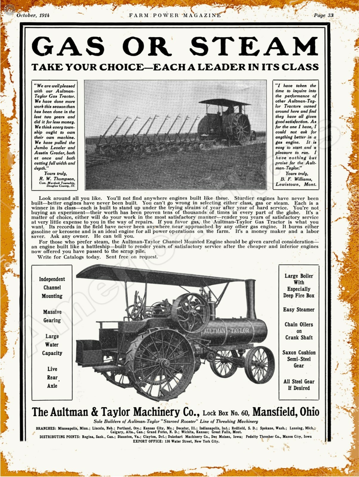 1914 Aultman & Taylor Tractors New Metal Sign: Gas or Steam, Mansfield, Ohio