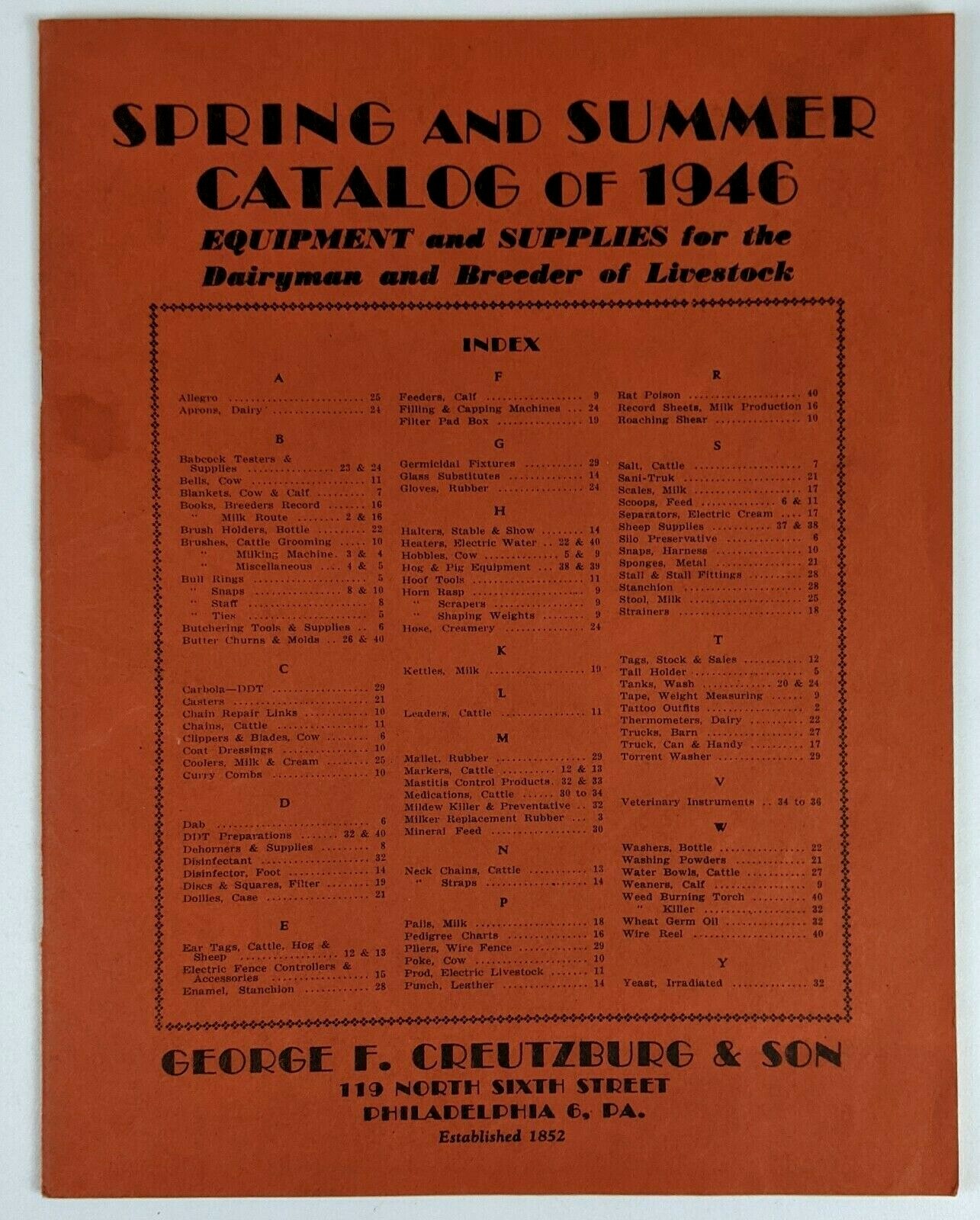 1946 Creutzburg & Son Philadelphia PA Dairyman Livestock Breeder Supply Catalog