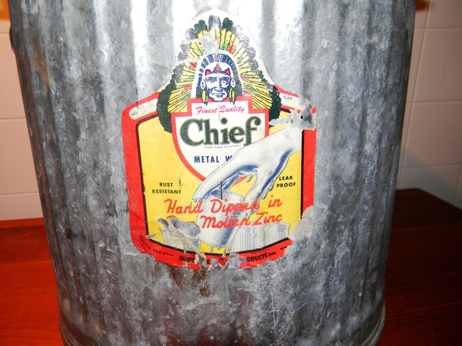 VINTAGE HAND BUCKET INDIAN LABEL 11 INCH TALL ZINC COATED WITH HANDEL PAIL