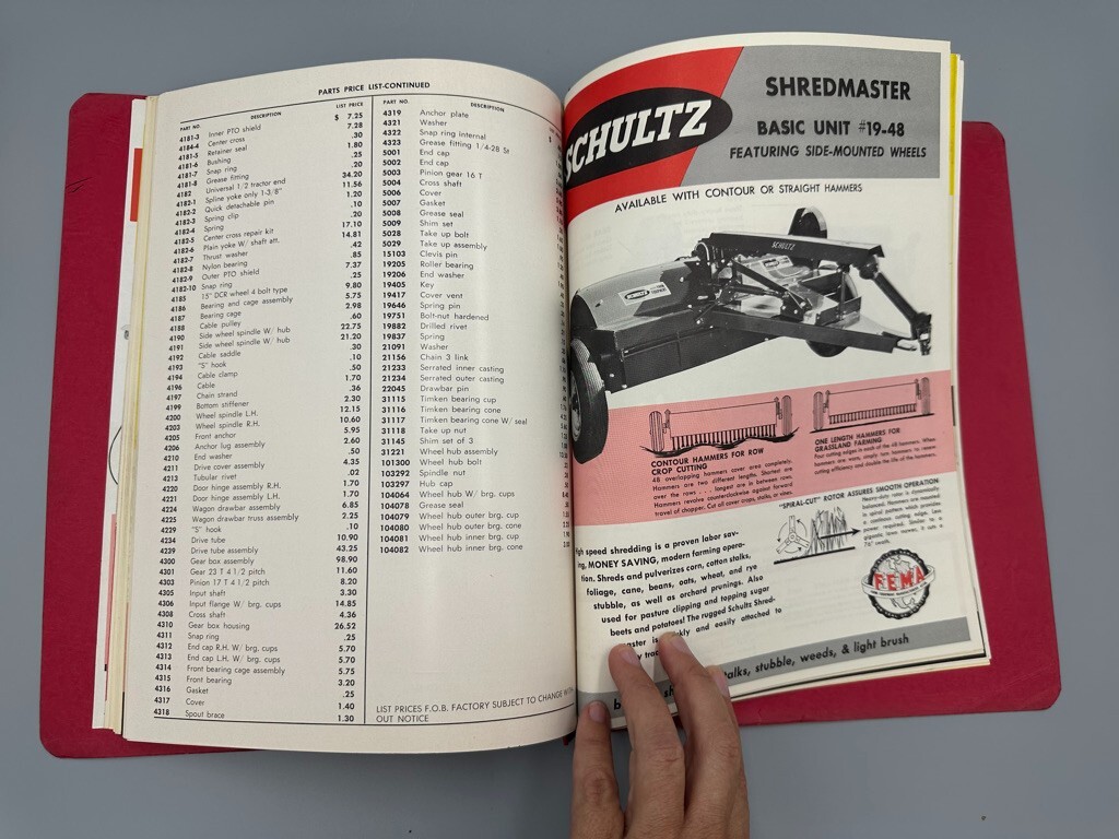1964 SCHULTZ FARM MACHINERY Sales Manual Parts List