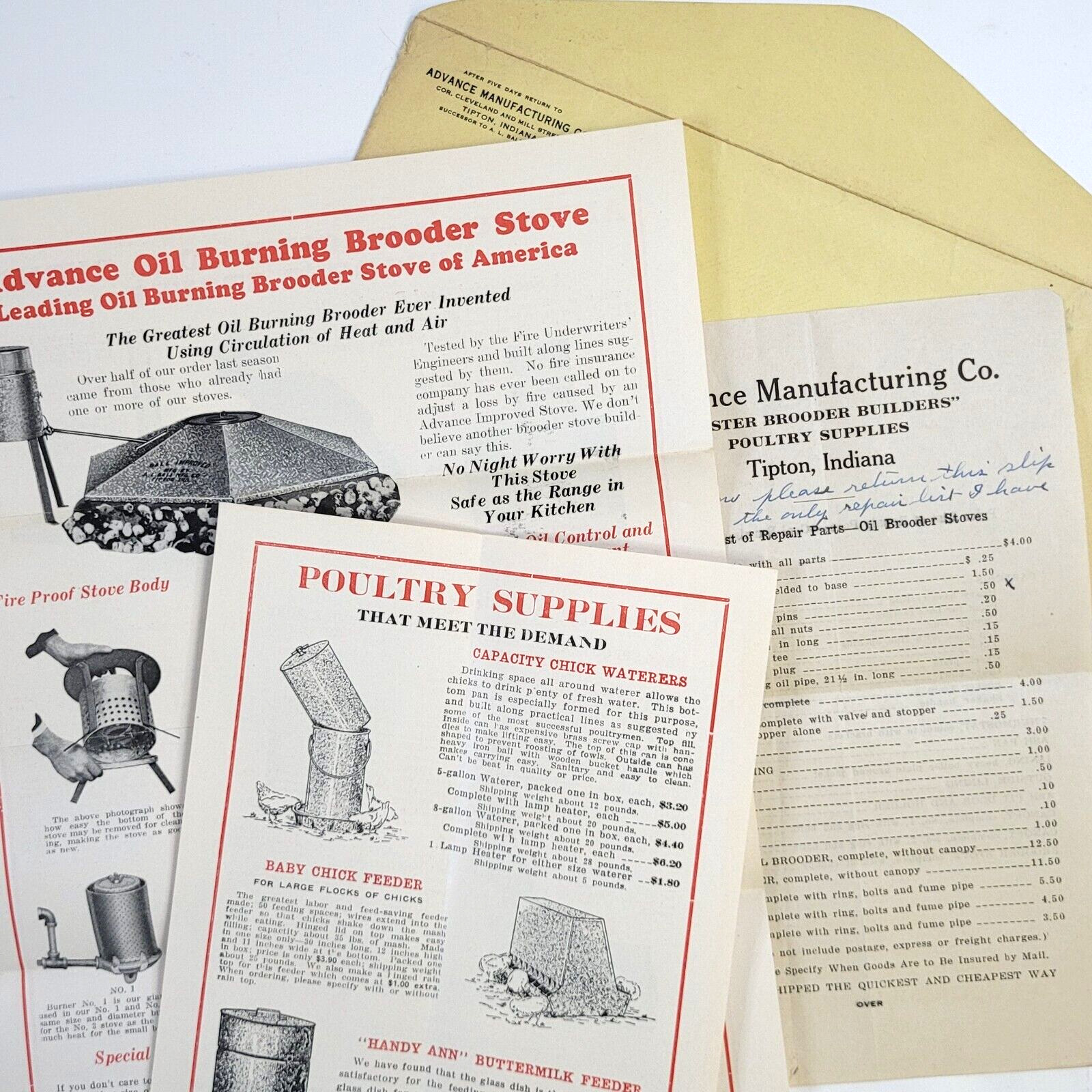 c.1920 Advance Manufacturing Poultry Farm Brooder Stove Ad Flyers Tipton Indiana