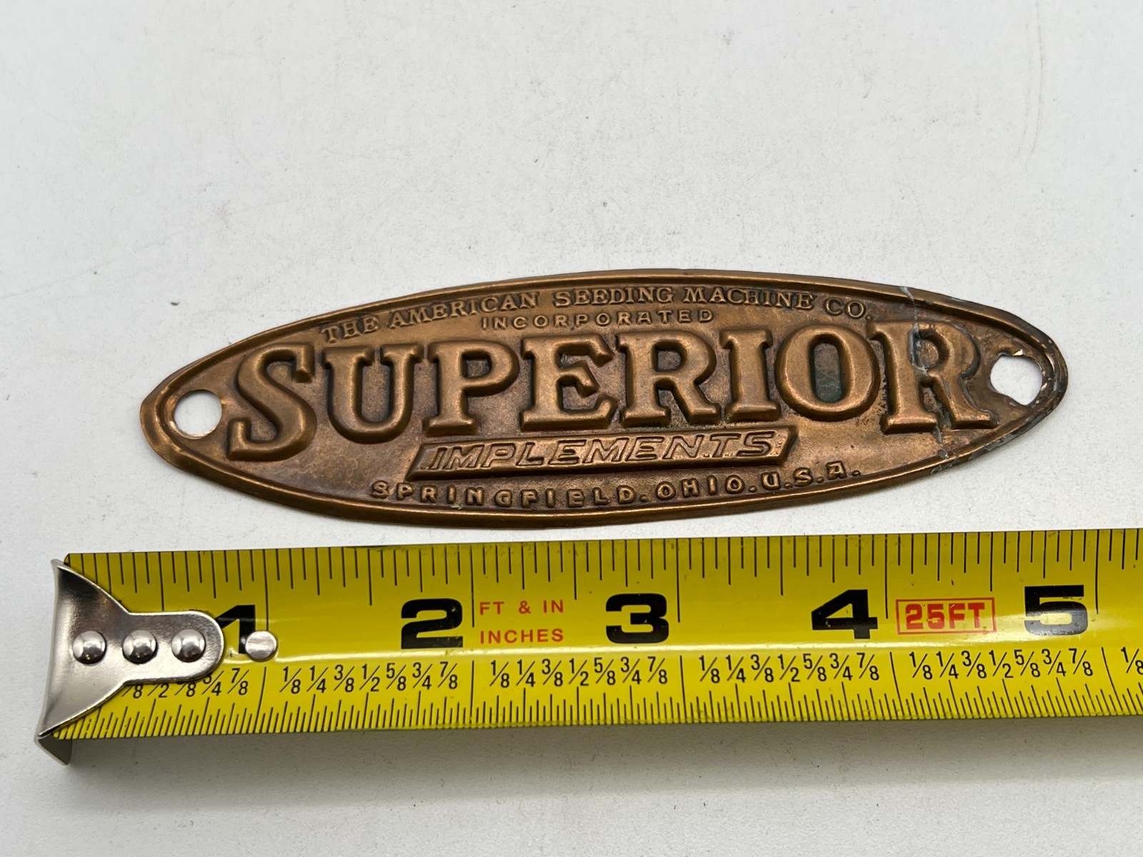 Vintage The American Seeding Machine Co. Superior Implements Brass Tag / Plate