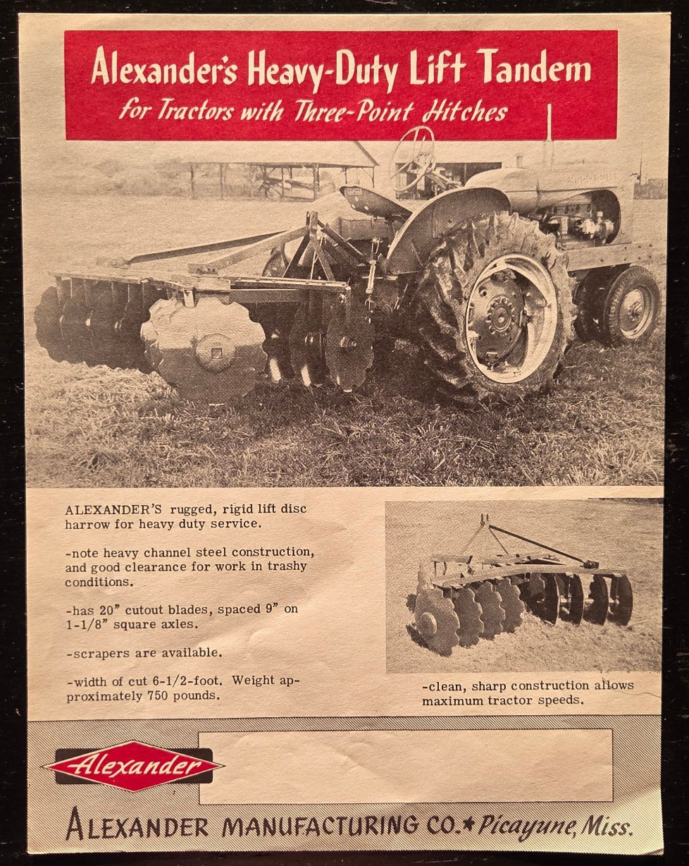 1950&rsquo;s ALEXANDER MANUFACTURING CO. TRACTOR HEAVY DUTY LIFT TANDEM ADVERTISEMENT