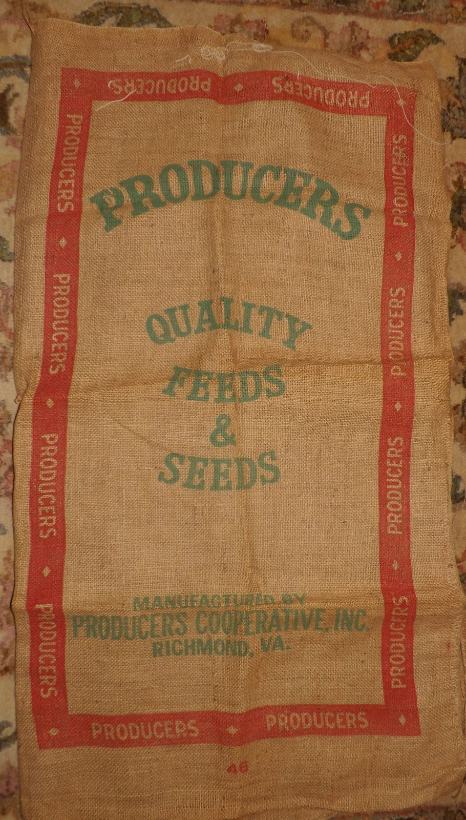 Vintage-Large Burlap-Bag-PRODUCER&rsquo;S QUALITY FEED & SEED HAND SEWN REPAIRS EXC.
