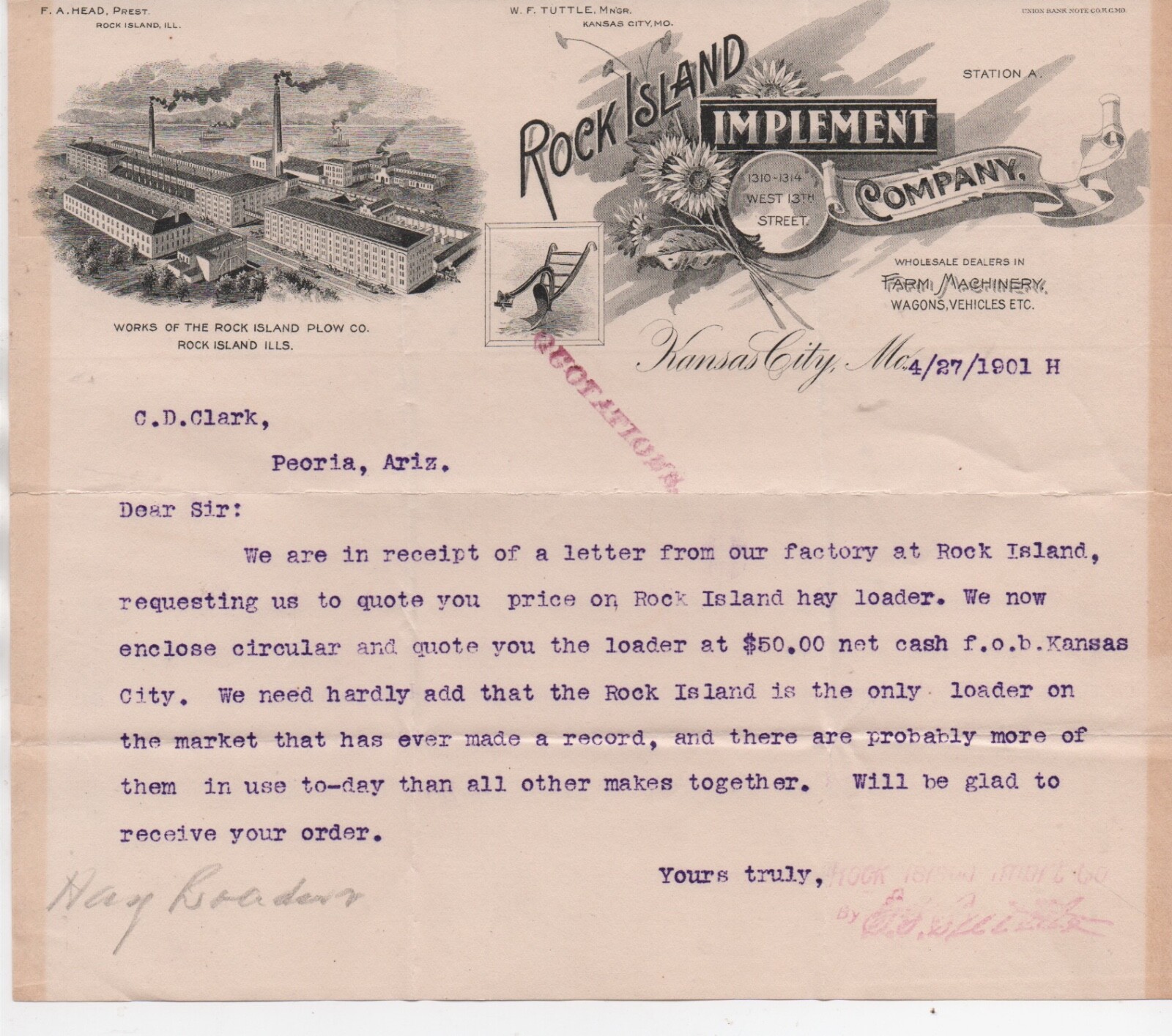 1901 Farm Machinery Letterhead Rock Island Implement Company Kansas City MO