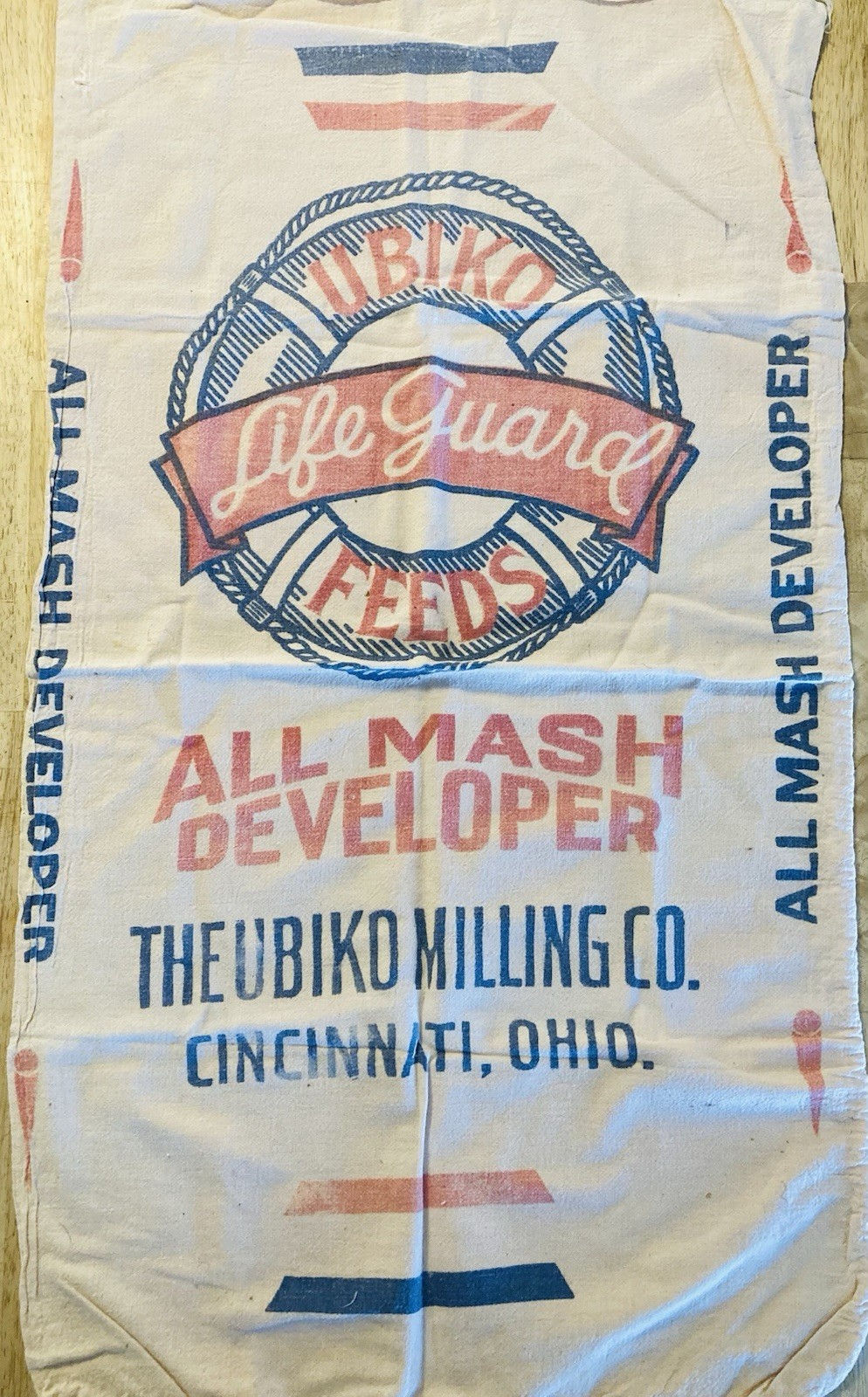 UBIKO MILLING CO. CINCINNATI, OHIO. 100LB. “LIFE GUARD” CLOTH MASH FEED BAG