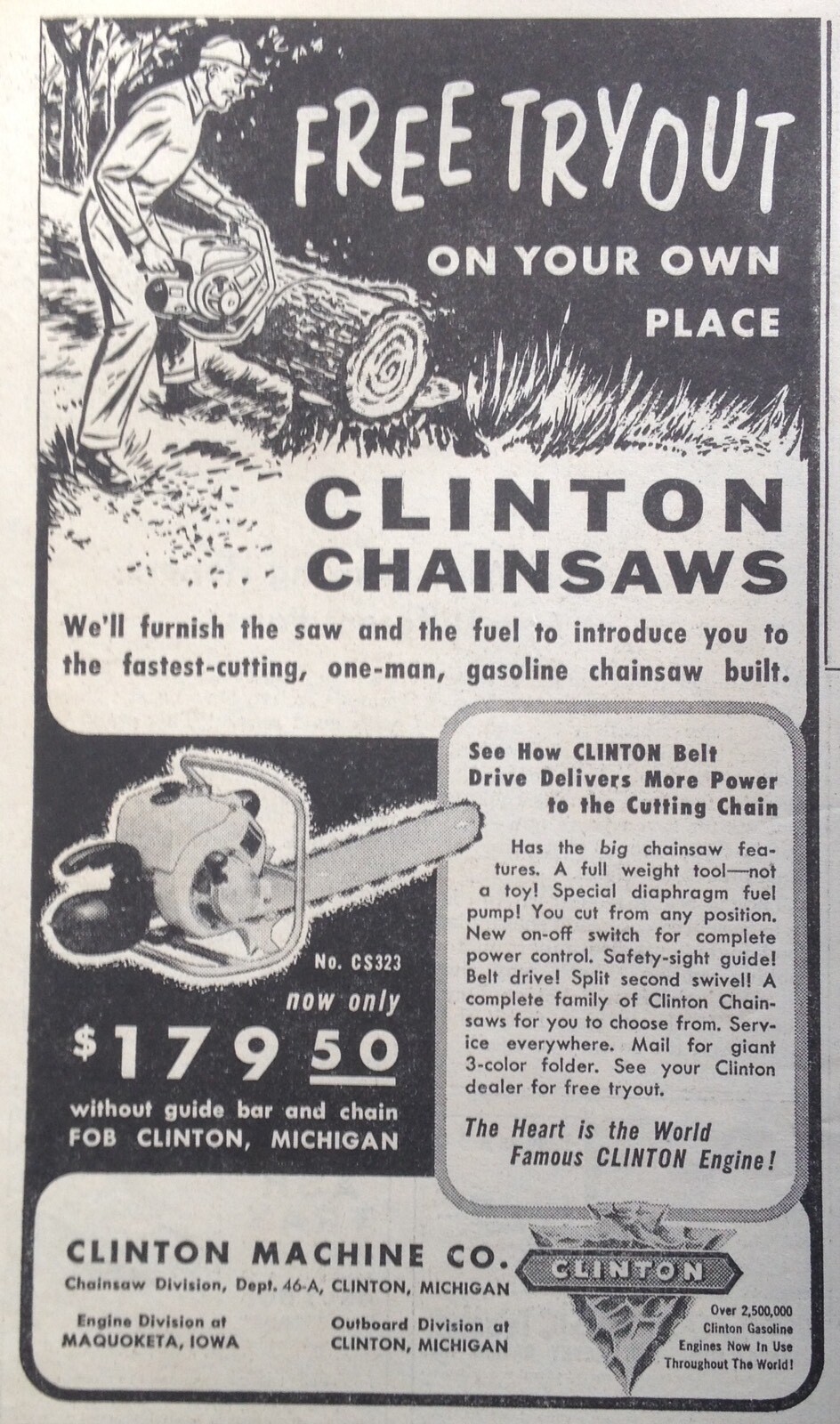 1954 AD(XF3)~CLINTON MACHINE CO. CLINTON, MI. CHAINSAWS FOR THE FARM