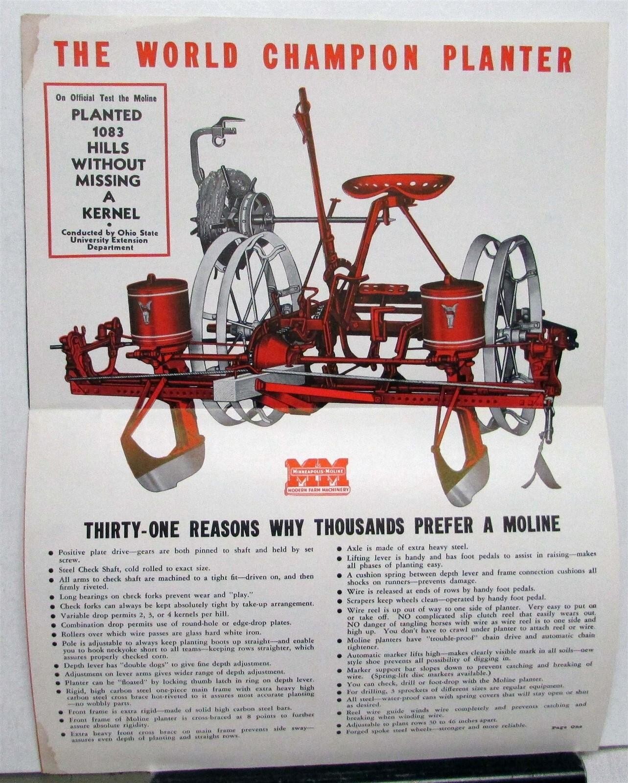 1940 Minneapolis Moline World Champion Corn Planters Specs Agricultural Folder