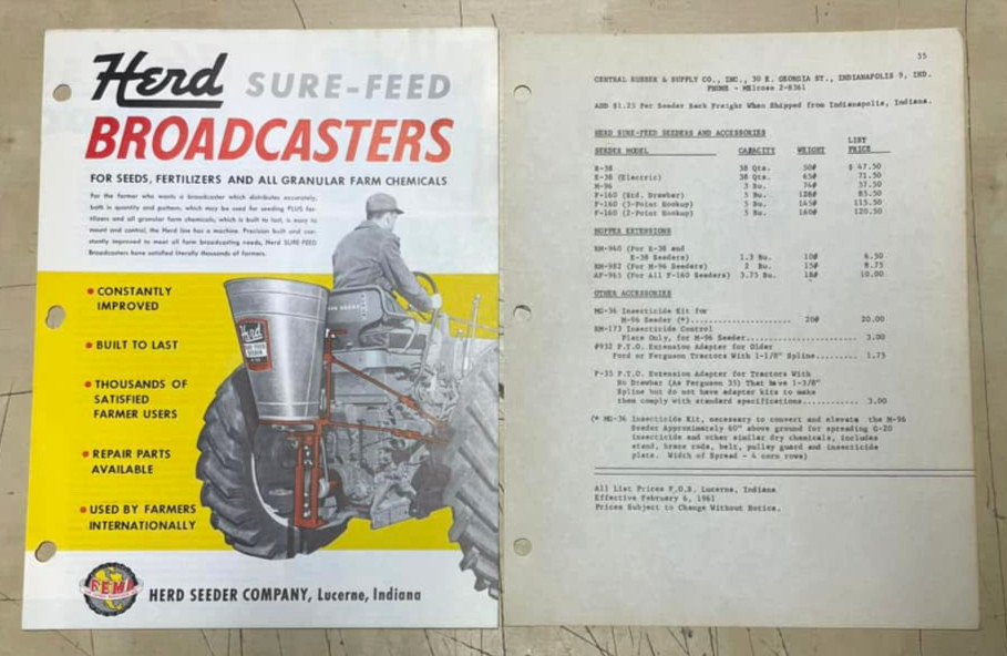 Vtg Herd Sure-Feed Broadcasters Granular Seed Distributor Brochure & Price List