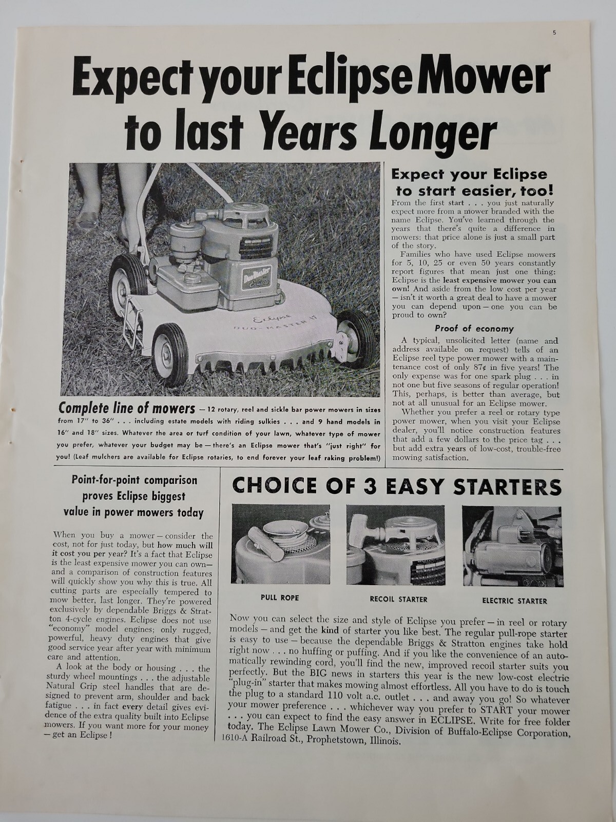 1956 Eclipse lawn mower choice of 3 easy starters vintage ad