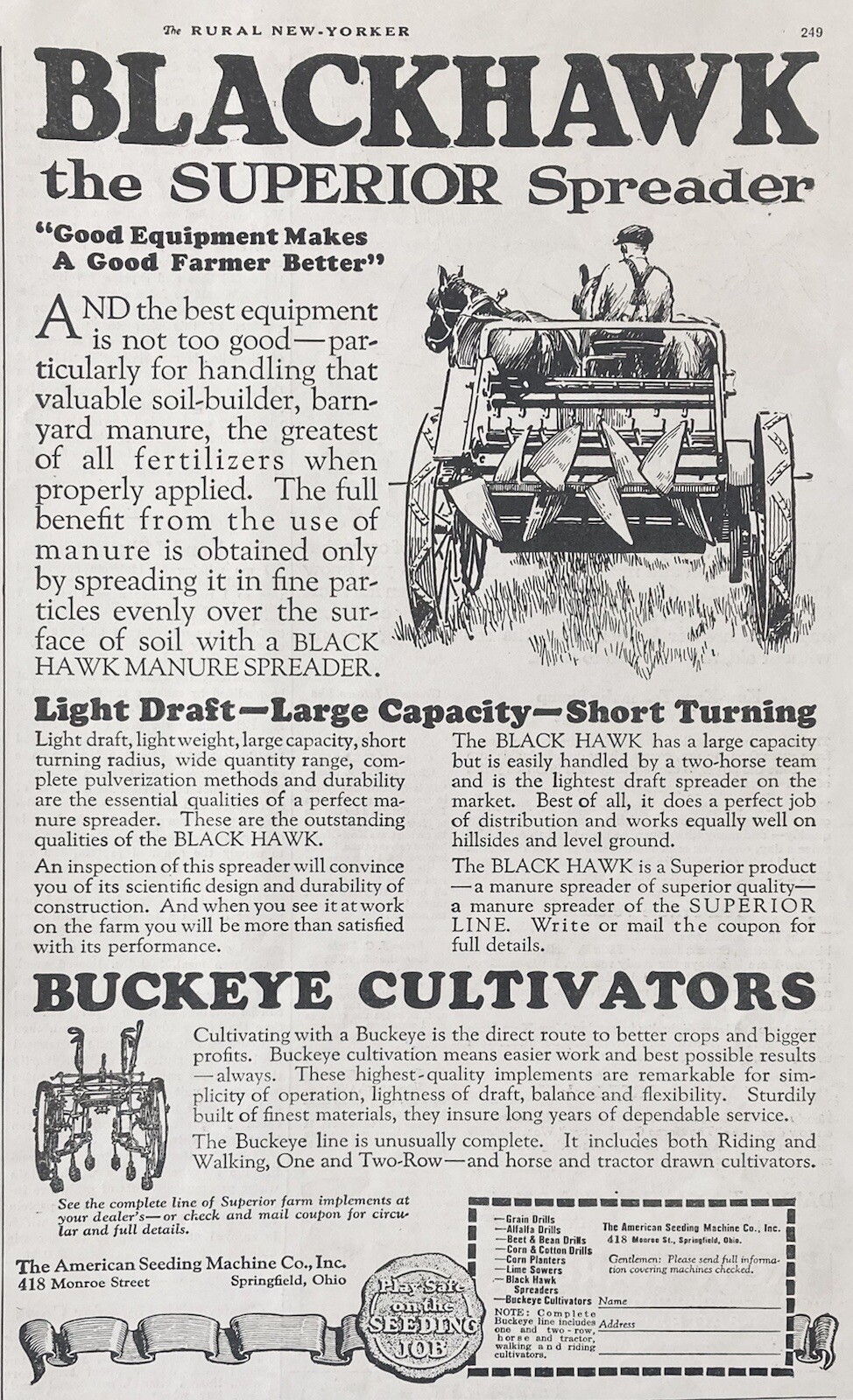 1926 AD.(XG23)~AMERICAN SEEDING MACHINE CO. OHIO. BLACKHAWK SUPERIOR CULTIVATORS