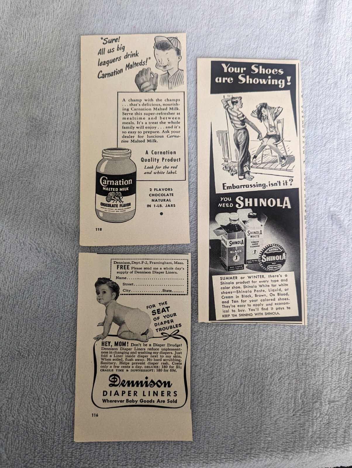 1948 Magazine Ads – Bon Ami – Carnation – Chux – Rival Dog – Shinola – Dennison