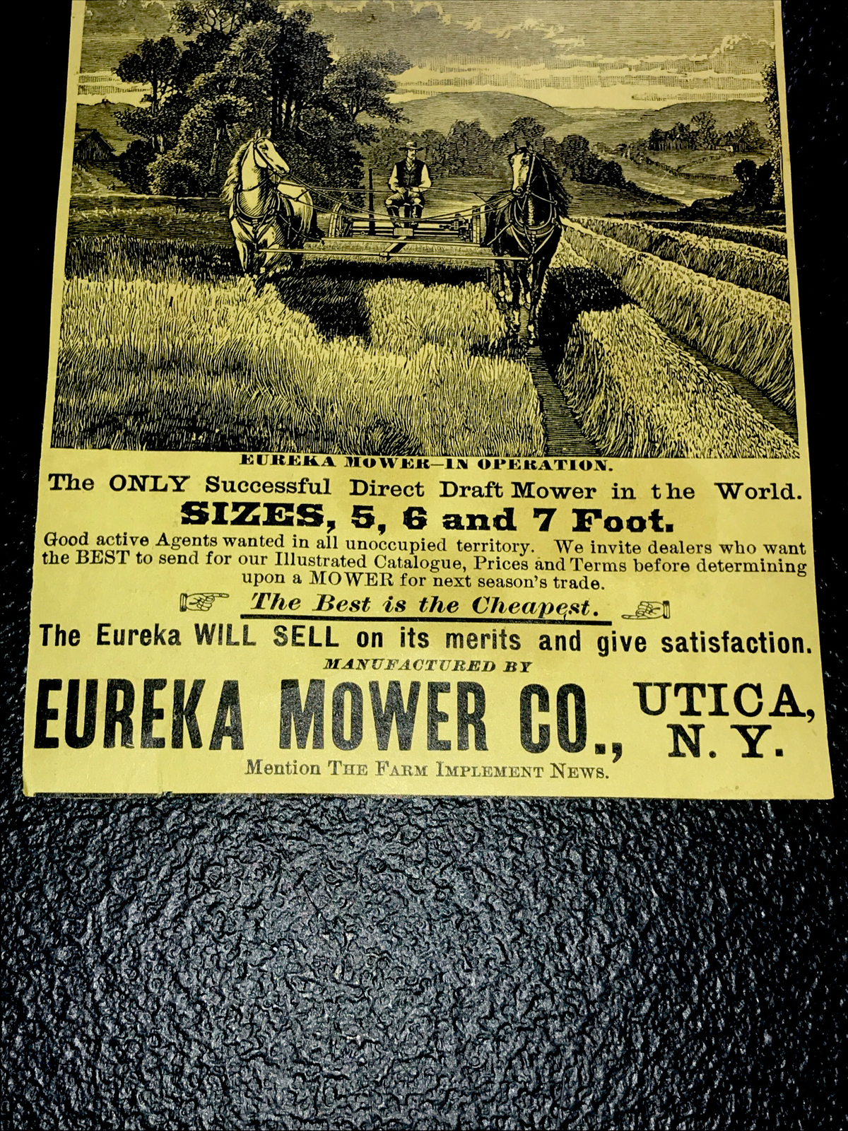 1886 Eureka Mower Farm Implements Engraving Advertising – Utica – New York