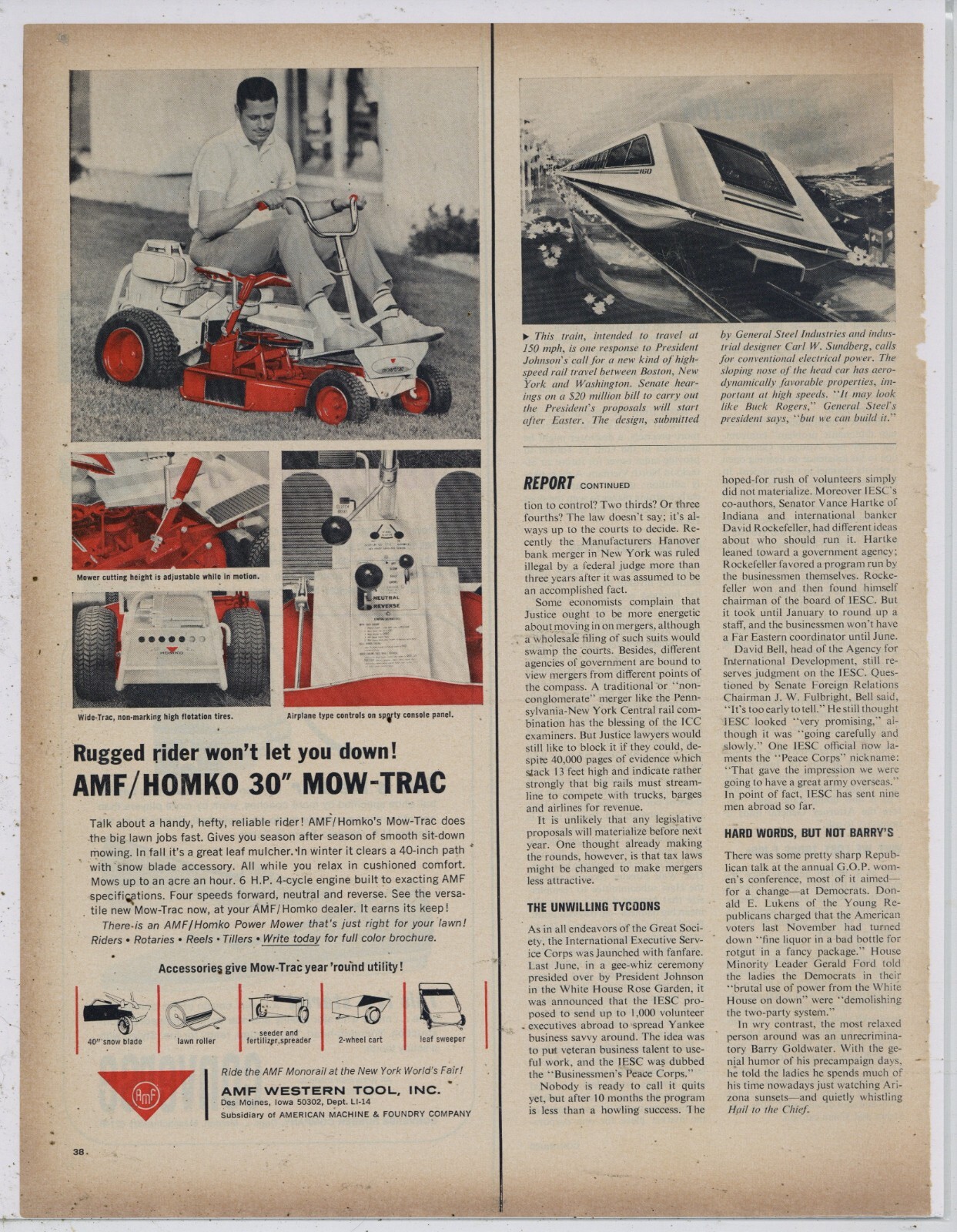 1965 AMF Western Tool Co. Ad: AMF/HOMKO 30&Prime; Mow Trac Riding Lawn Mower, Tractor