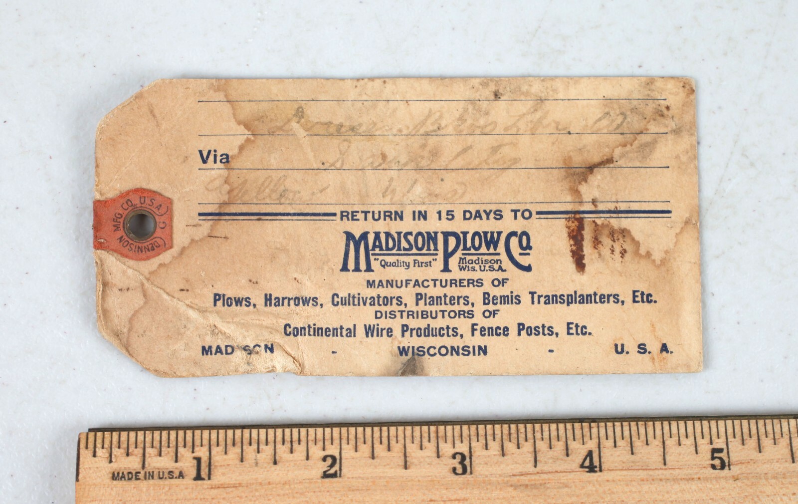 Vintage Farm Equipment Hanging Product Shipping Tag Madison Plow Co. Wisconsin