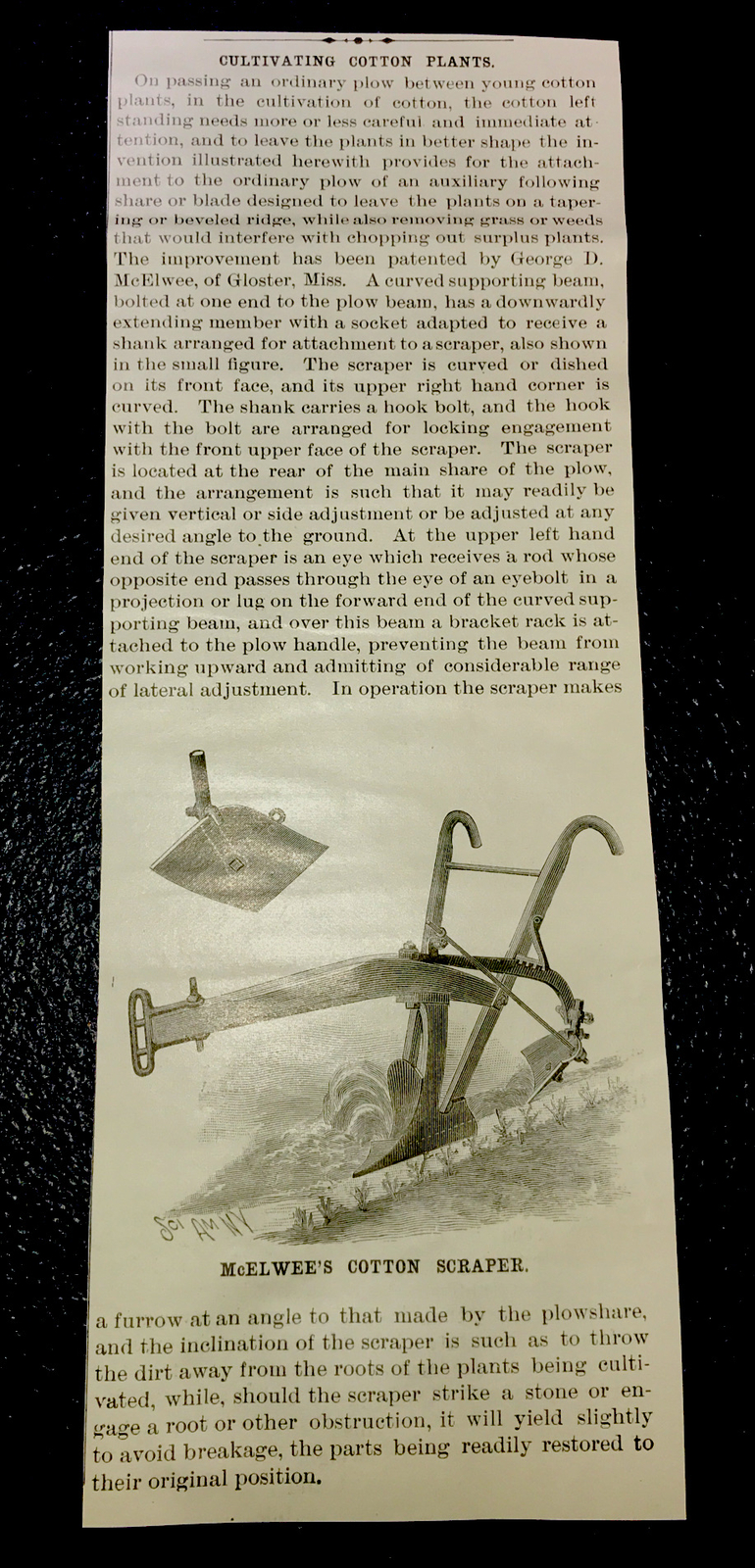 1898 McElwee Cotton Scraper Farm Advertising & Article Gloster – Mississippi
