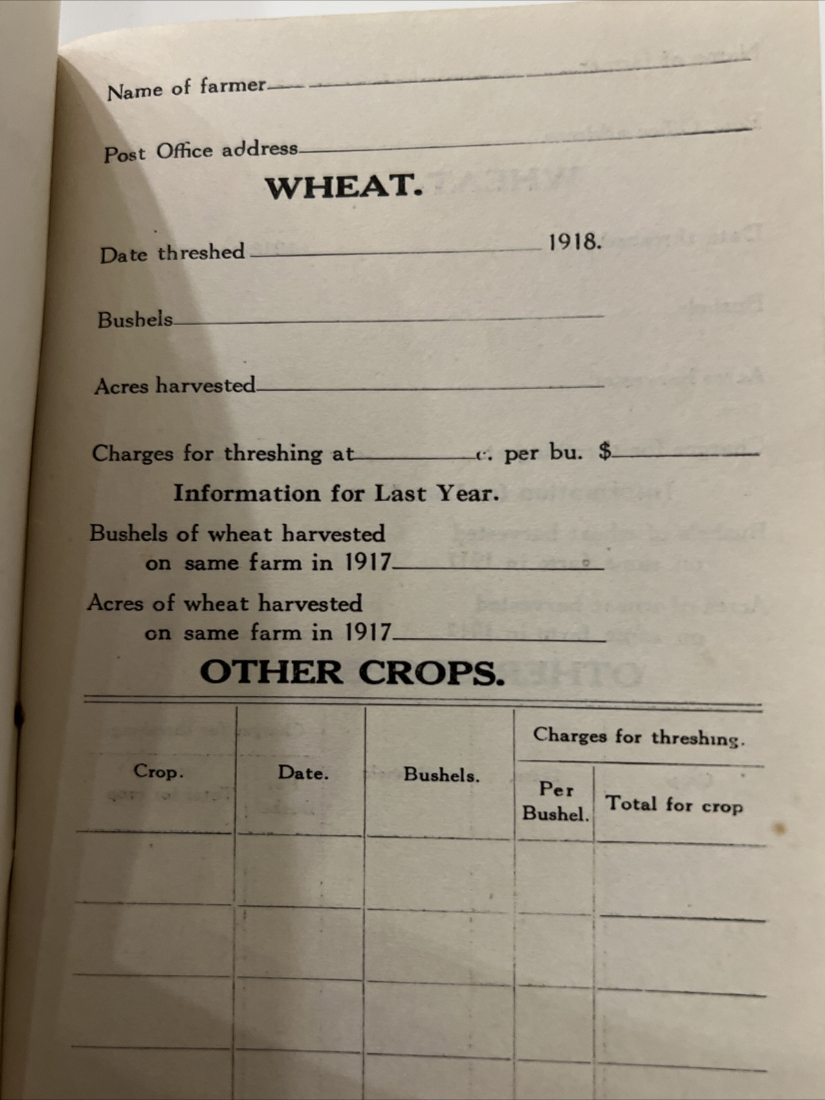 Antique 1918 Thresher&rsquo;s Record Book Farming US Department of Agriculture Forms
