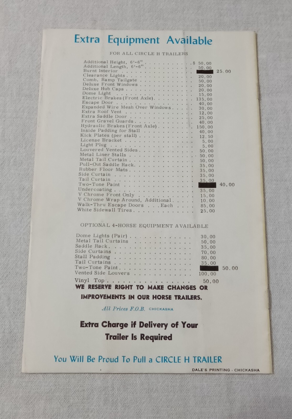 1967 CIRCLE H HORSE TRAILERS CATALOG BROCHURE