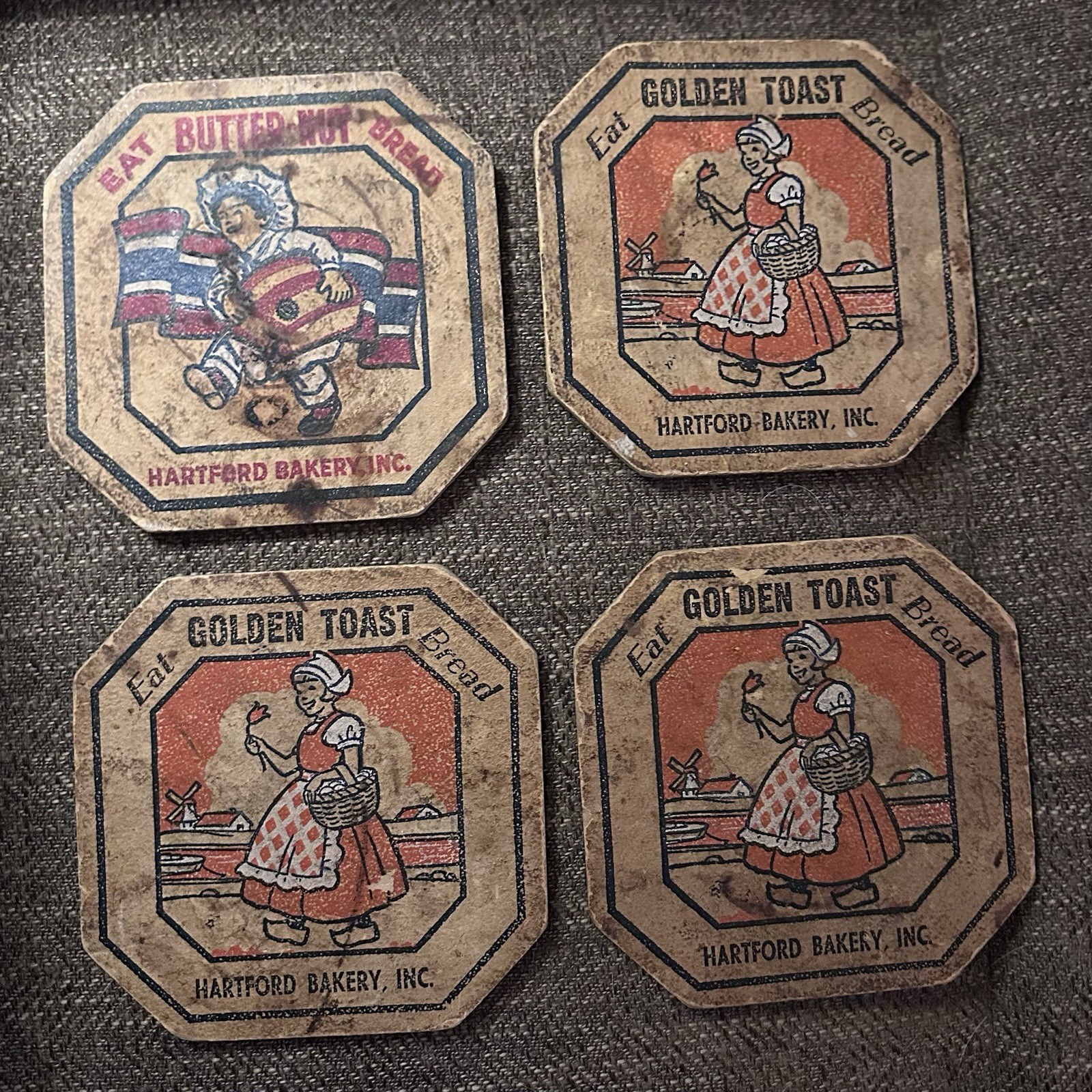 Vintage Trivet Hartford Bakery Hot Pads-Dutch Boy & Girl Theme-Set 4 Eat Bread