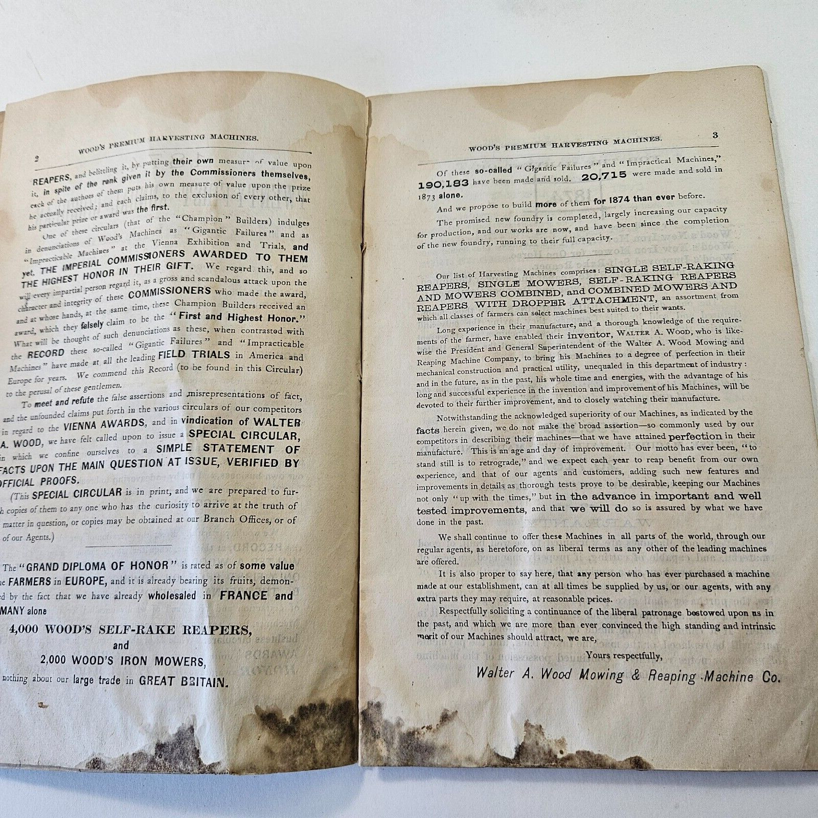 Original 1874 Sales Catalog Woods Harvesting Machines Mowing Reaping
