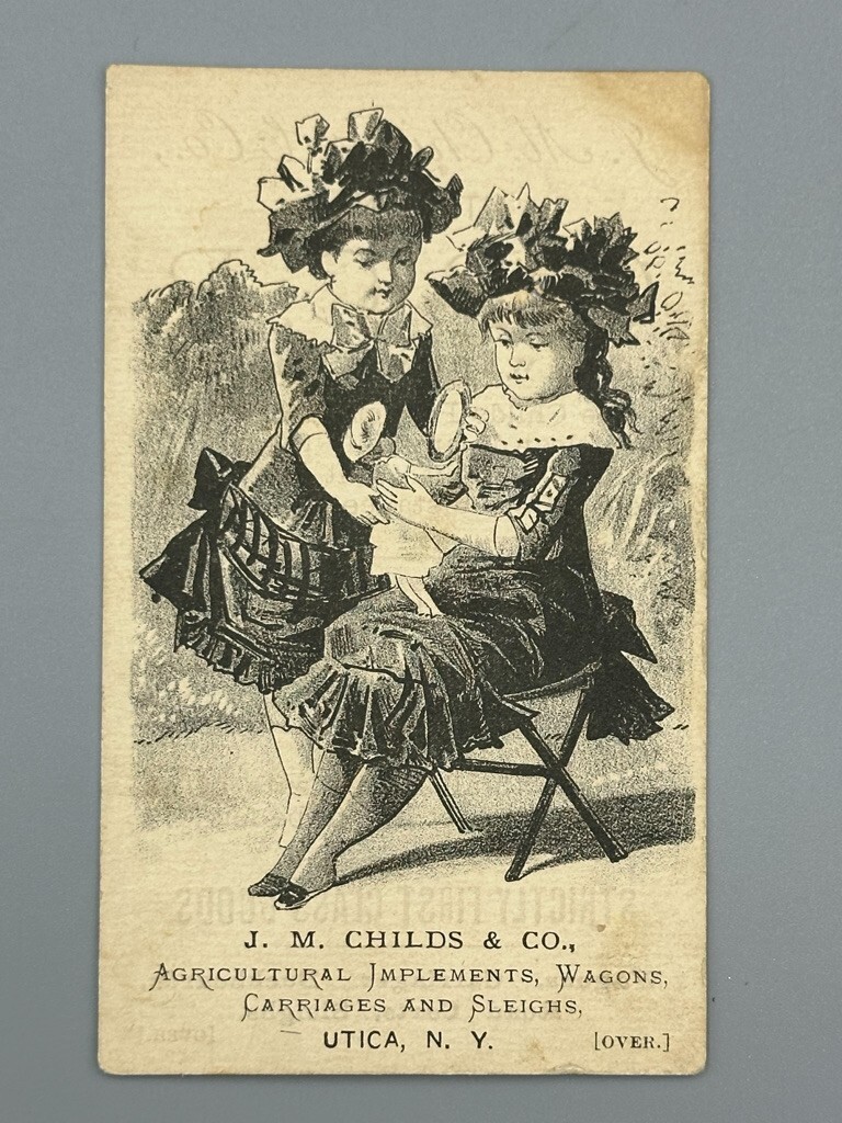 1880s JM CHILDS Ag Implements Wagon FARM Advertising Antique Trade Card UTICA NY