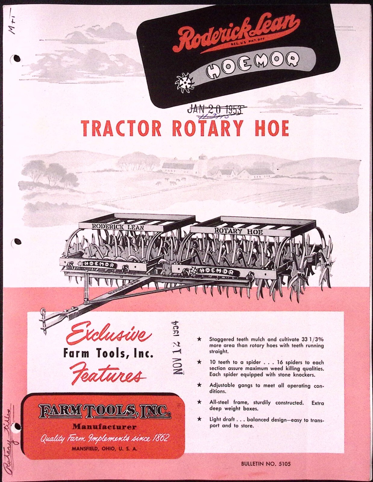 1954 Roderick Lean Hoemor Tractor Rotary Hoe Brochure Farm Tools Inc Mansfield