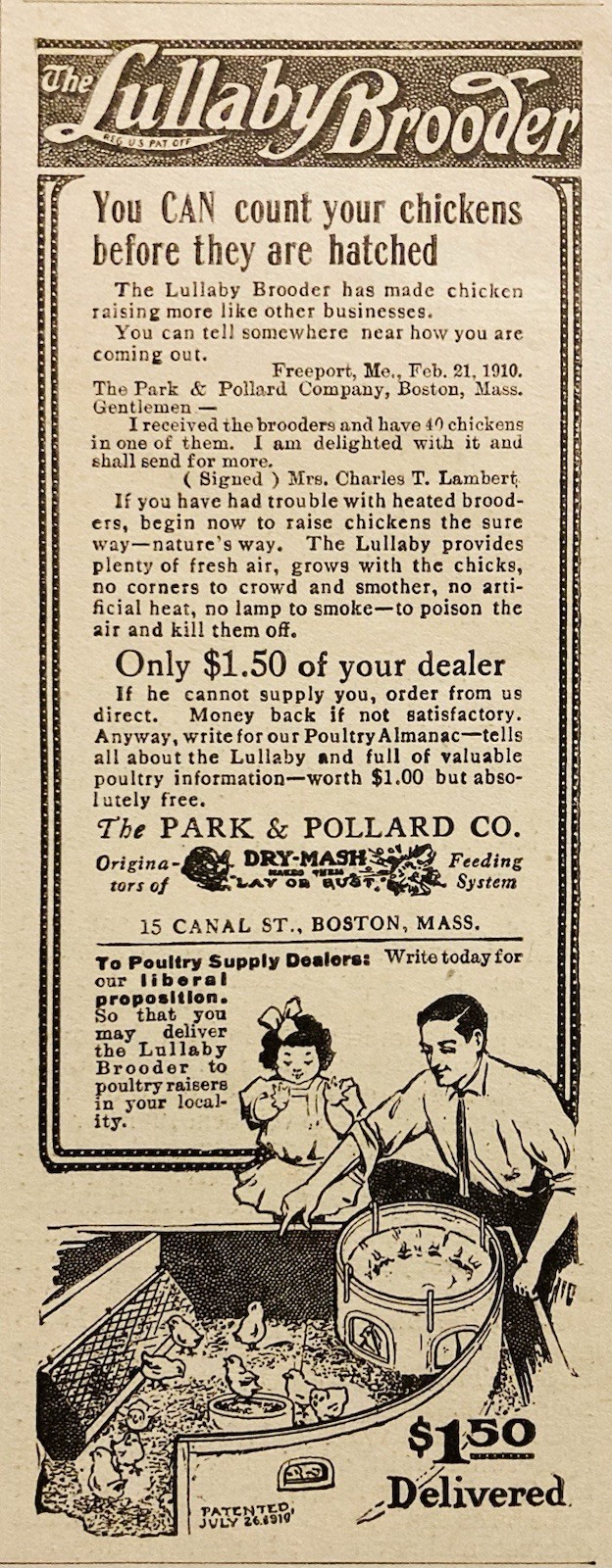 1911 AD.(PC10)~PARK & POLLARD CO. CANAL ST. BOSTON. “LULLABY” BROODER