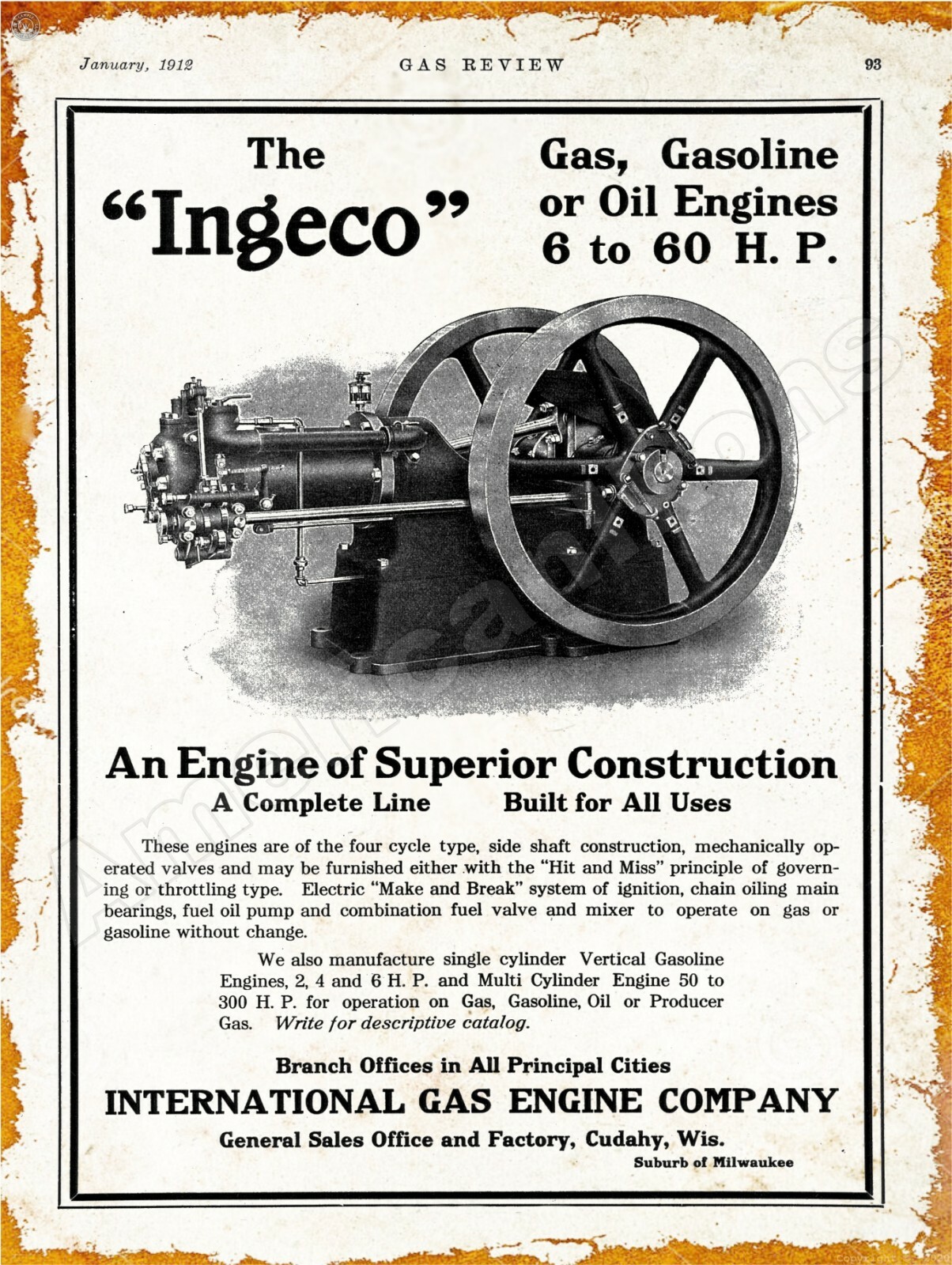 1912 International Gas Engine Co INGECO New Metal Sign: Cudahy, Wisconsin