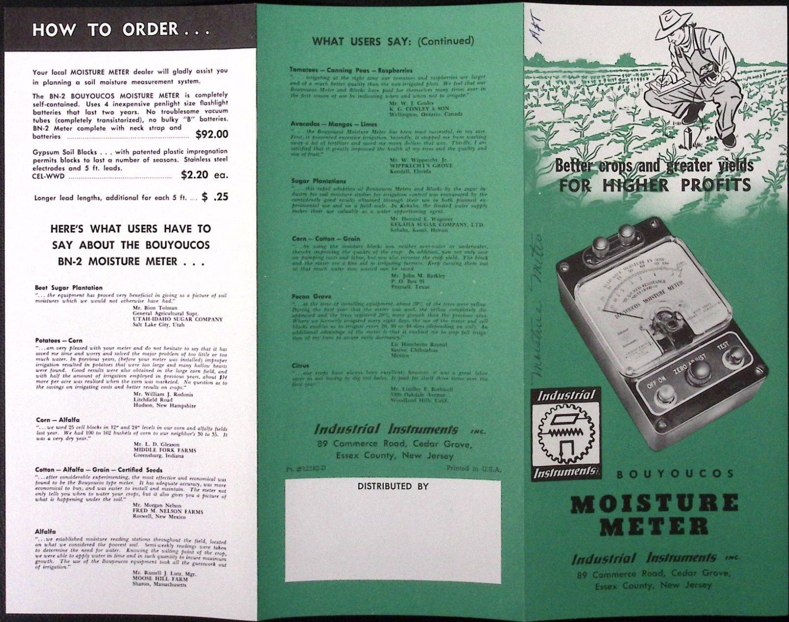1960s Bouyoucos Industrial Instruments Moisture Meter for Better Crops Brochure