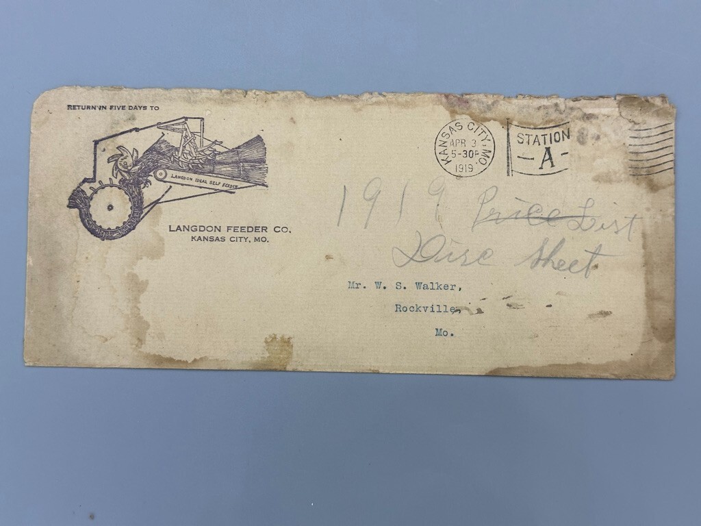 1919 LANGDON FEEDER Kansas City Missouri FARM Advertise Postal Cover Price List