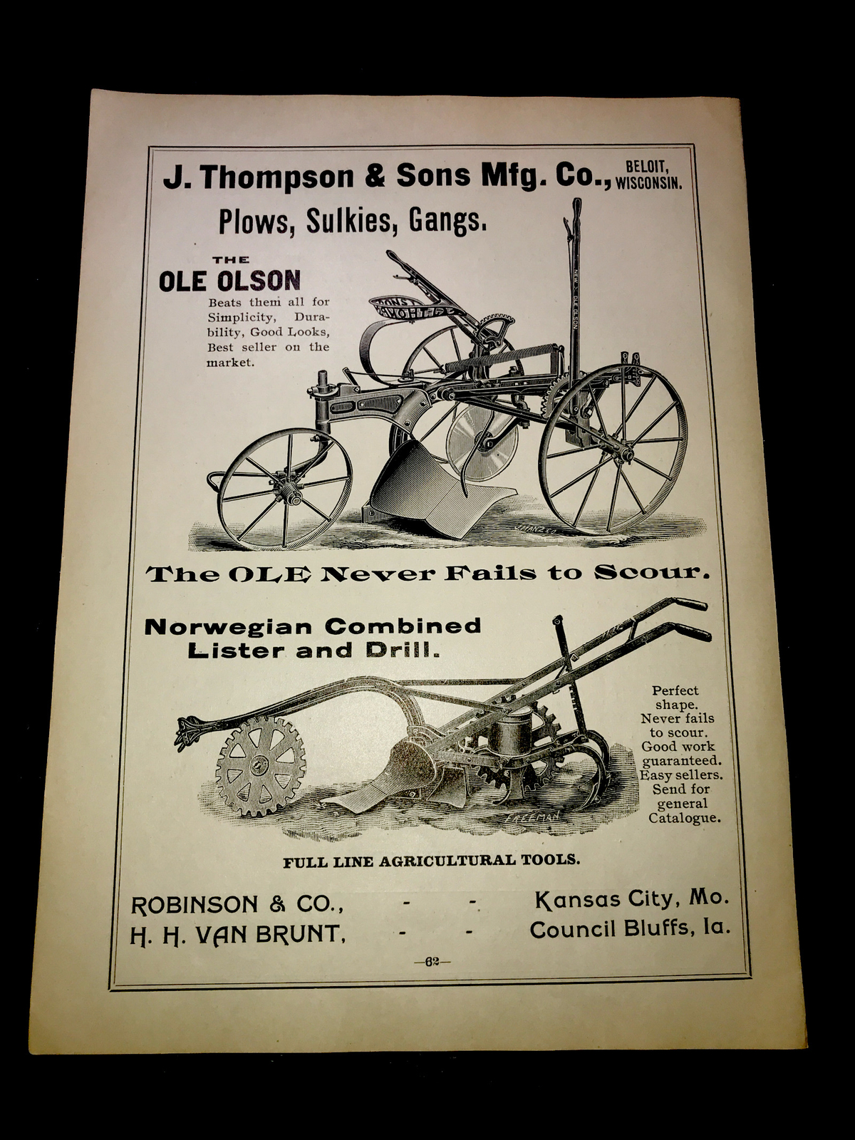 1898 Thompson Plow Farm Advertising – Kansas City – Missouri – Council Bluffs