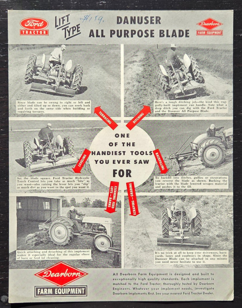 1949 FORD TRACTOR DEARBORN FARM EQUIPMENT DANUSER ALL PURPOSE COLOR SPEC SHEET