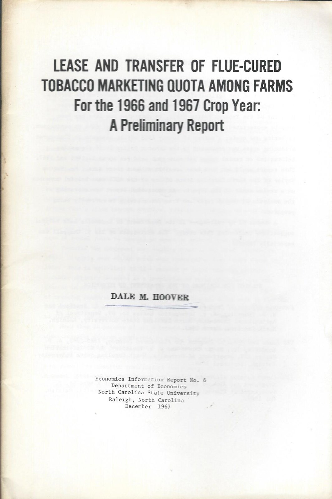 Farm Report – Flue-Cured Tobacco Lease and Transfer Quota – 1966-67 (F5594)
