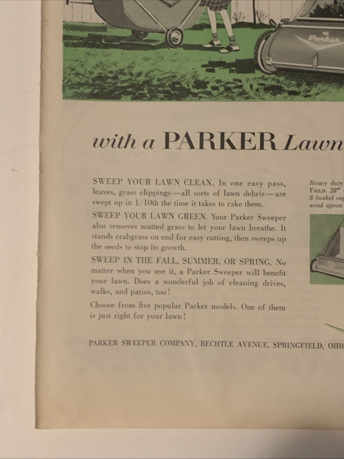 1956 Parker Lawn Sweeper PRINT AD Clean Yard Clippings VTG 50s Springfield Ohio