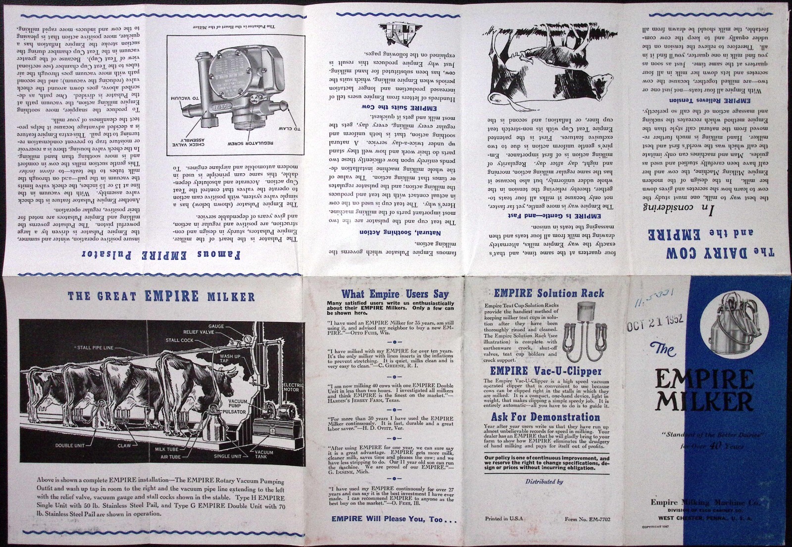1952 Empire Milker Empire Milking Machine West Chester PA Fold Out Brochure