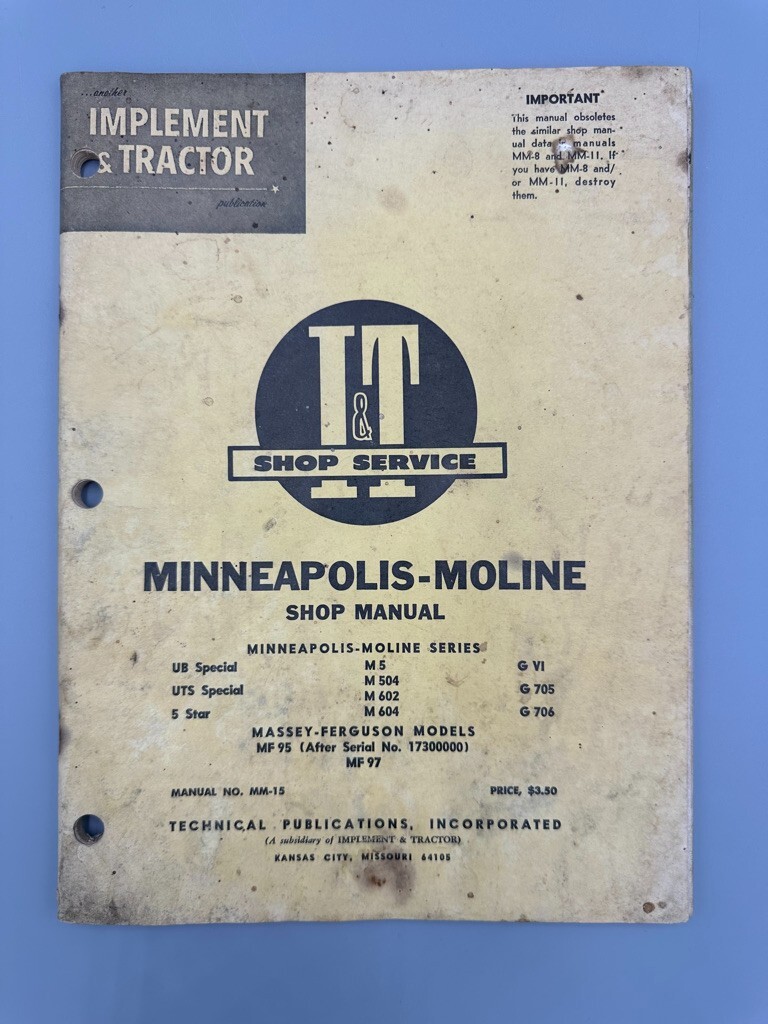 c 1970 IMPLEMENT & TRACTOR Shop Manual MINNEAPOLIS MOLINE Farm Advertising