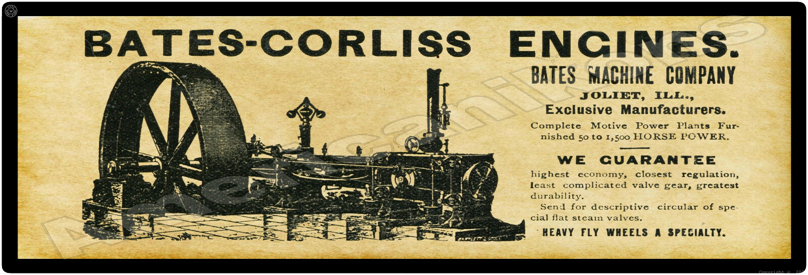 1895 Bates Corliss Engines New Metal Sign: Joliet, Illinois – 6&Prime; x 18&Prime; Size
