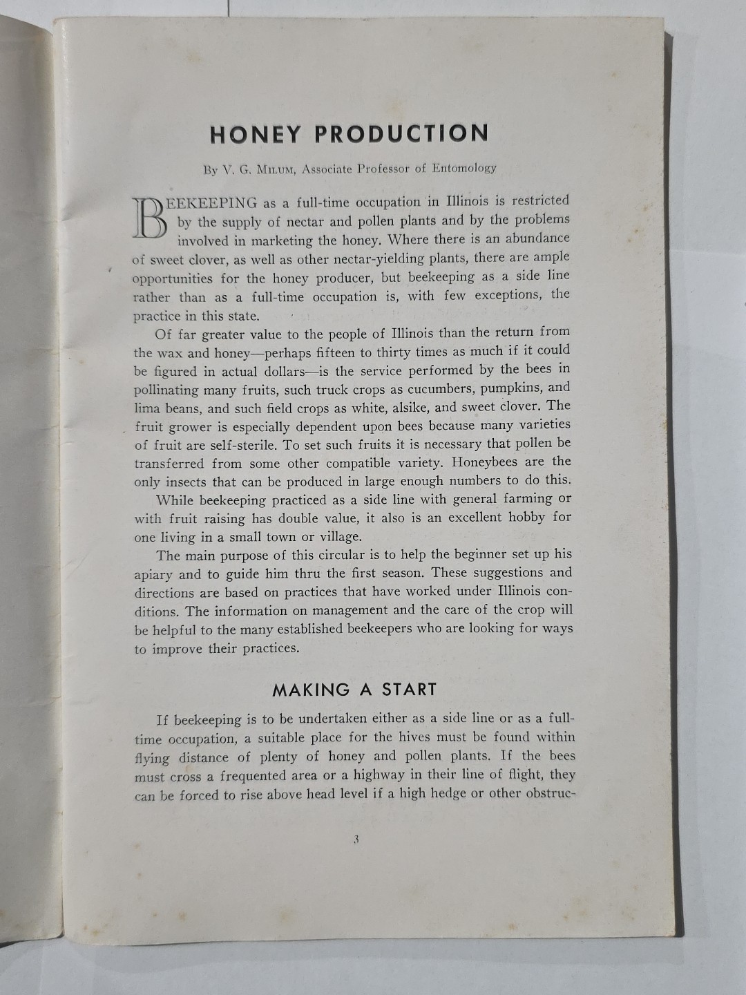 Vintage booklet: HONEY PRODUCTION by V.G. Milum Oct 1945 Reprint Univ. of IL