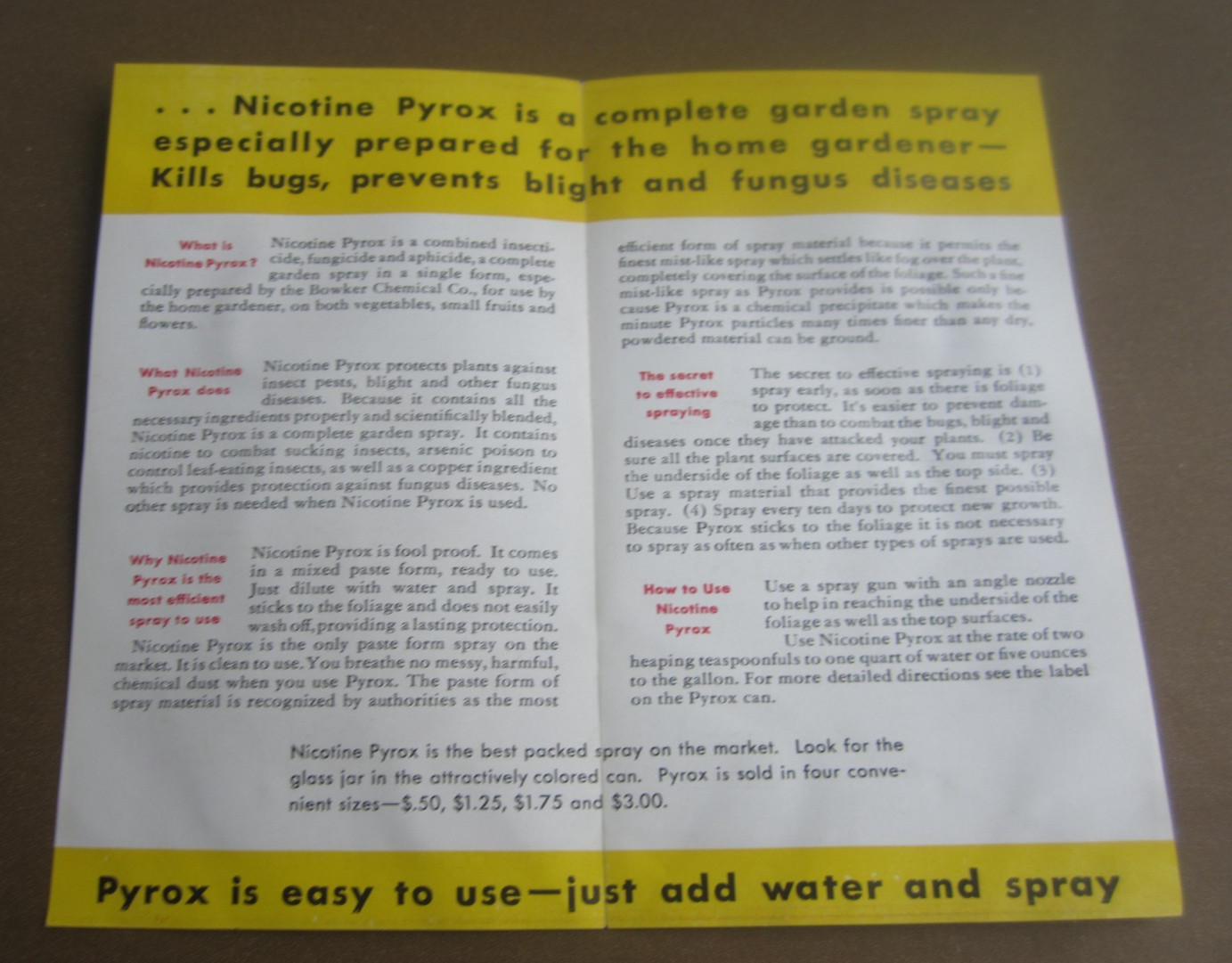 1930&rsquo;s NICOTINE PYROX Garden Spray – Advertising Brochure – Bowker Chemical N.Y.
