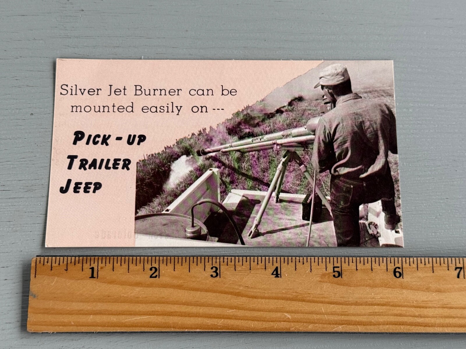 Vintage Advertising Card Silver Jet Burner Flame Thrower Mounts to Jeep Truck
