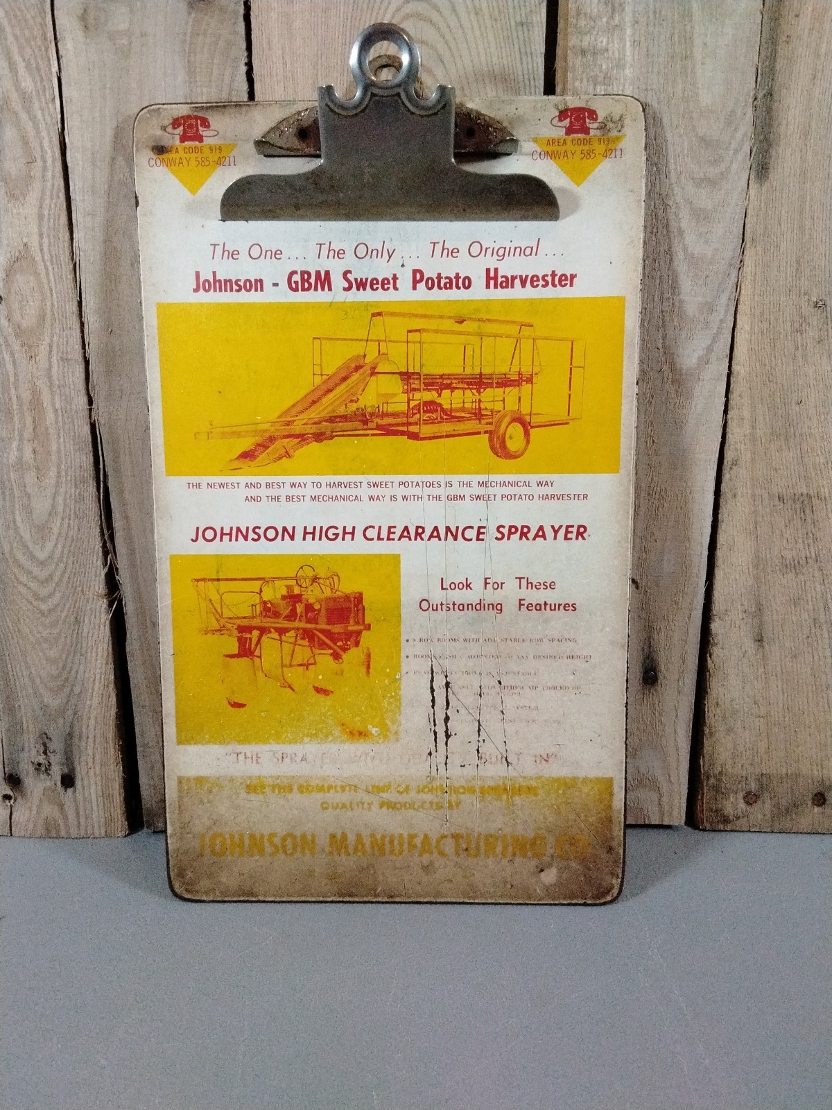 Vintage Johnson Manufacturing Farm Equipment Clipboard 9&Prime;X15&Prime;