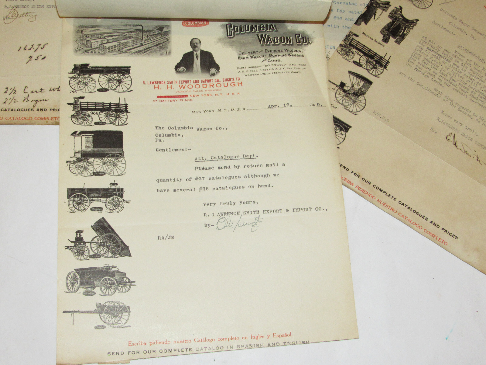 VTG 1919 IMPORT/EXPORT CO LETTERHEAD! FUNERAL CAR/MEXICAN SADDLE/COLUMBIAN WAGON