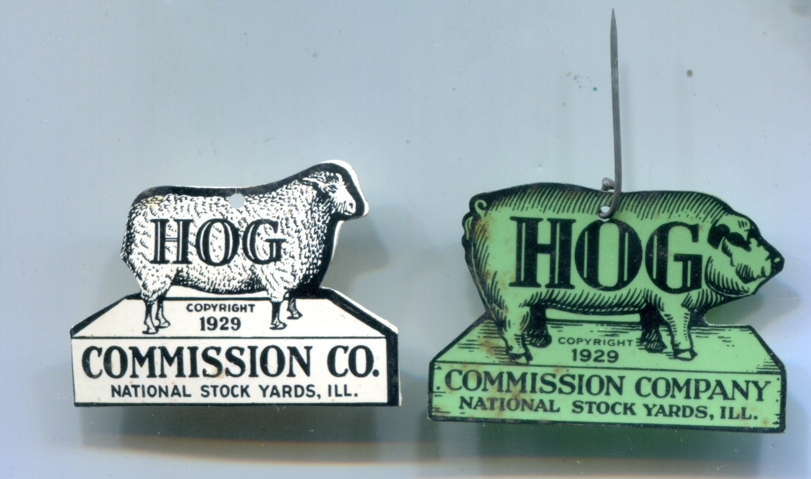 1929 Hog Commission Company, 2 Celluloid Pins National Stockyards, Illinois
