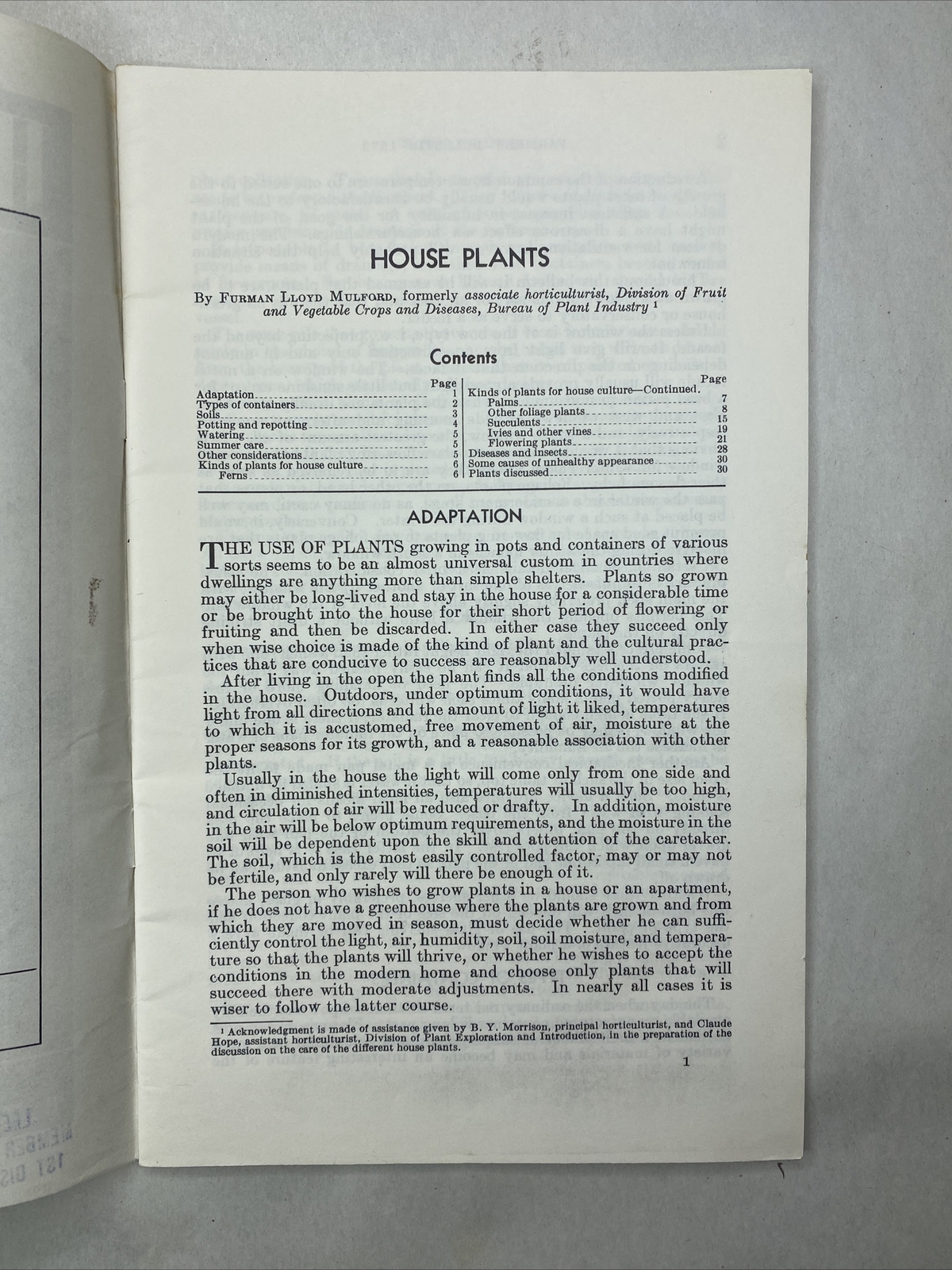 1946 USDA Farmers&rsquo; Bulletin No. 1872 House Plants Furman Lloyd Mulford