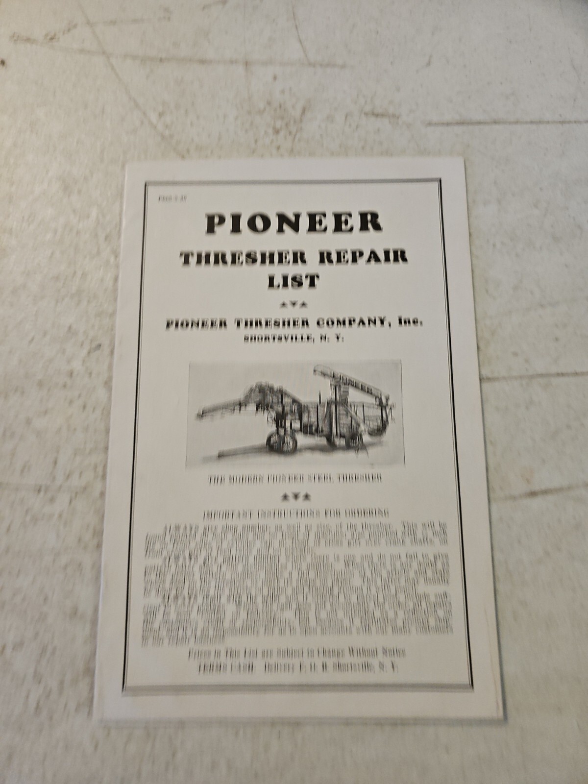 Vintage 1936 Pioneer Thresher Company Repair List Brochure