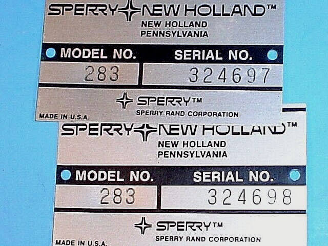 (47) VINTAGE SPERRY NEW HOLLAND MODEL 283 BALER ID TAGS~CONSECUTIVE SERIAL #&rsquo;s