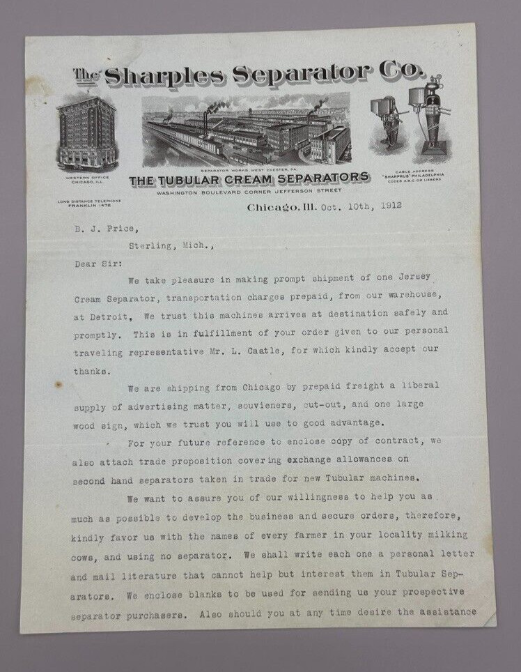 1912 SHARPLES CREAM SEPARATOR Farm Advertising Antique Illustrated Letter