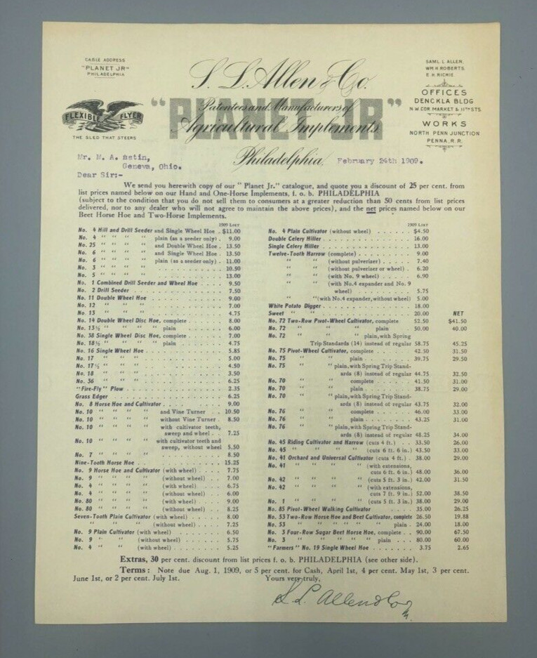 1909 PLANET Jr PLOW Price List Letterhead FARM ADVERTISING Antique Philadelphia