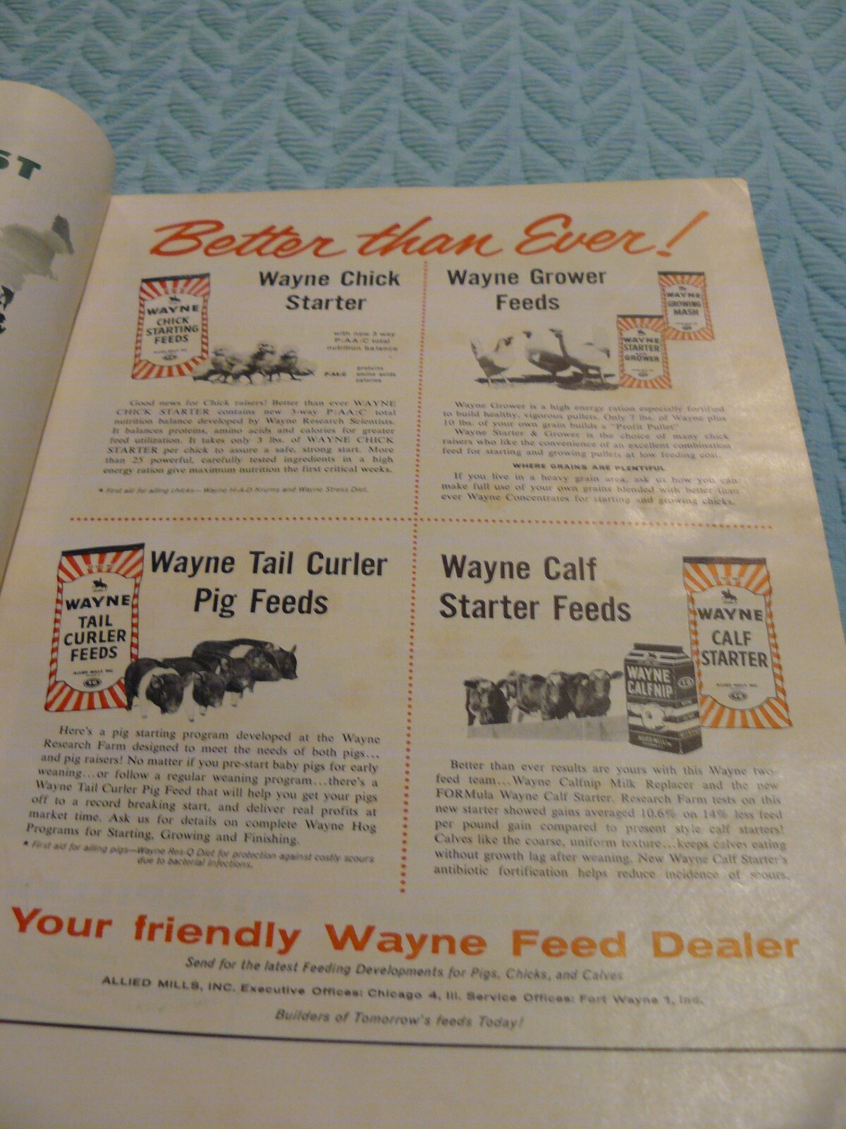 THE FARM QUARTERLY- SPRING 1957 -AD- WAYNE FEED CALF STARTER, CHICK TAIL CURLERS