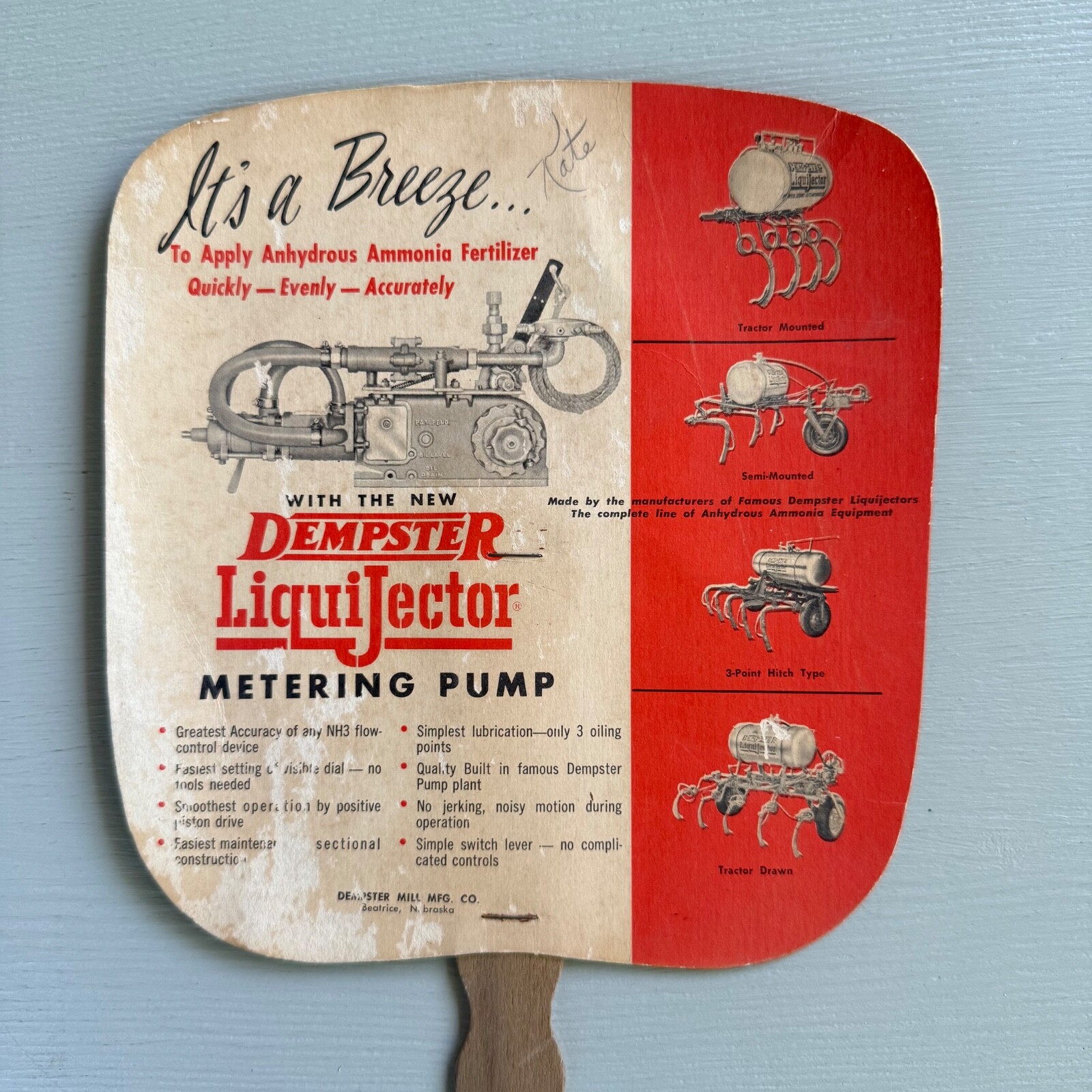 Vintage Dempster LiquiJector Metering Pump Hand Fan Advertising Beatrice NE